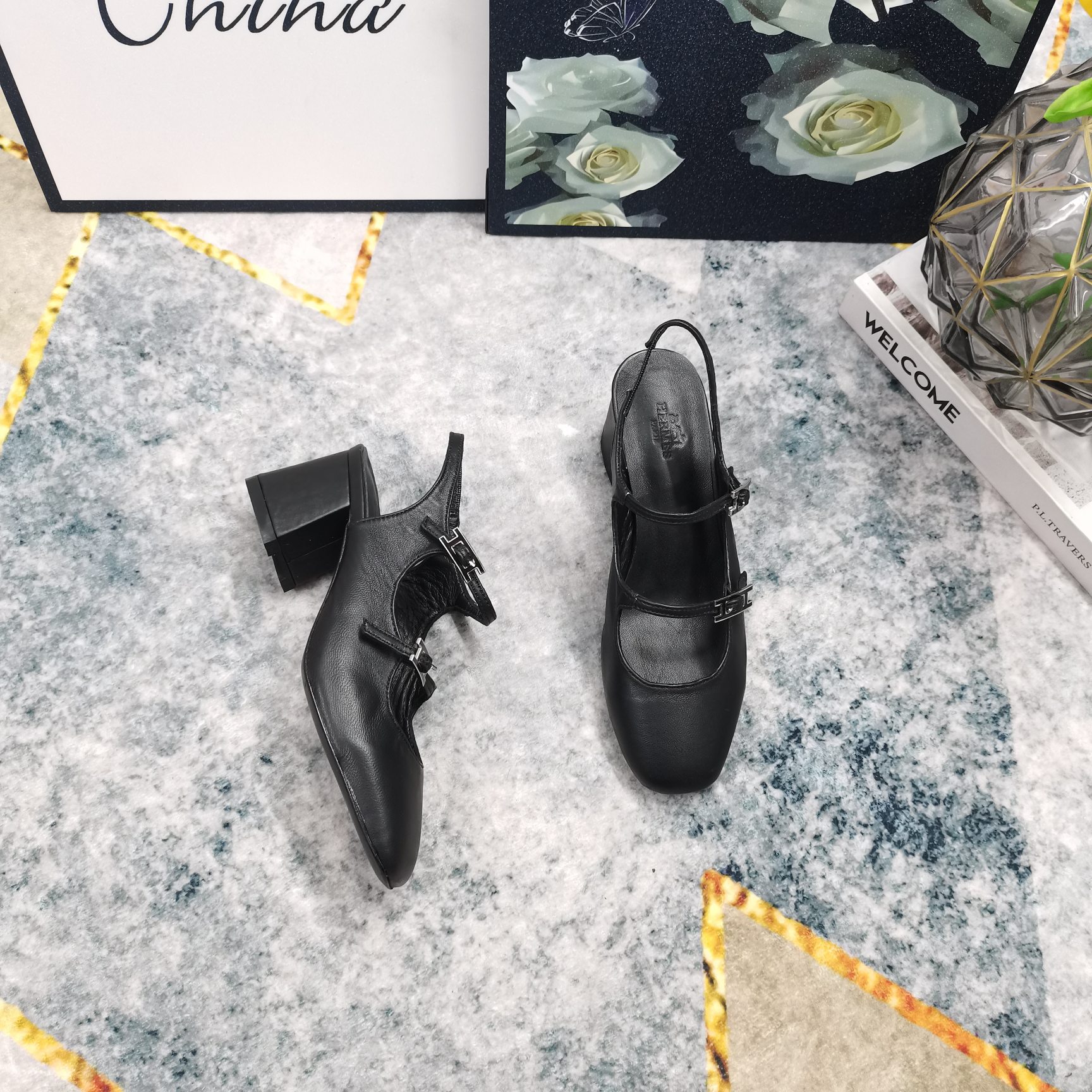 Hermes Women's Mary Jane Block Heel Pumps Genuine Leather Comfortable Shoes 9 a1743512450401 2724