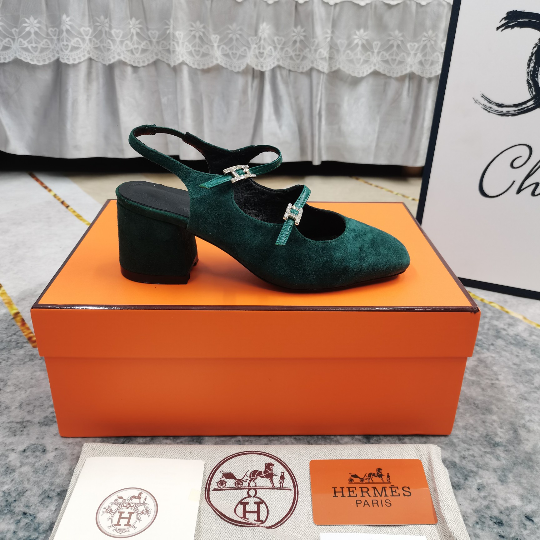 Hermes Mary Jane Block Heel Slingback Pumps Suede Leather Shoes 7 a1743512511945 7623