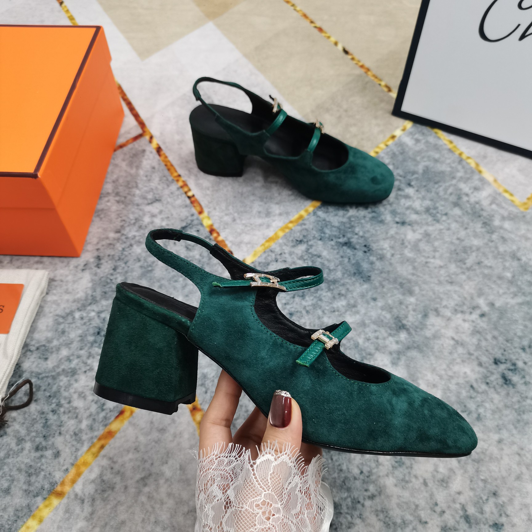 Hermes Mary Jane Block Heel Slingback Pumps Suede Leather Shoes 2 a1743512512136 3403