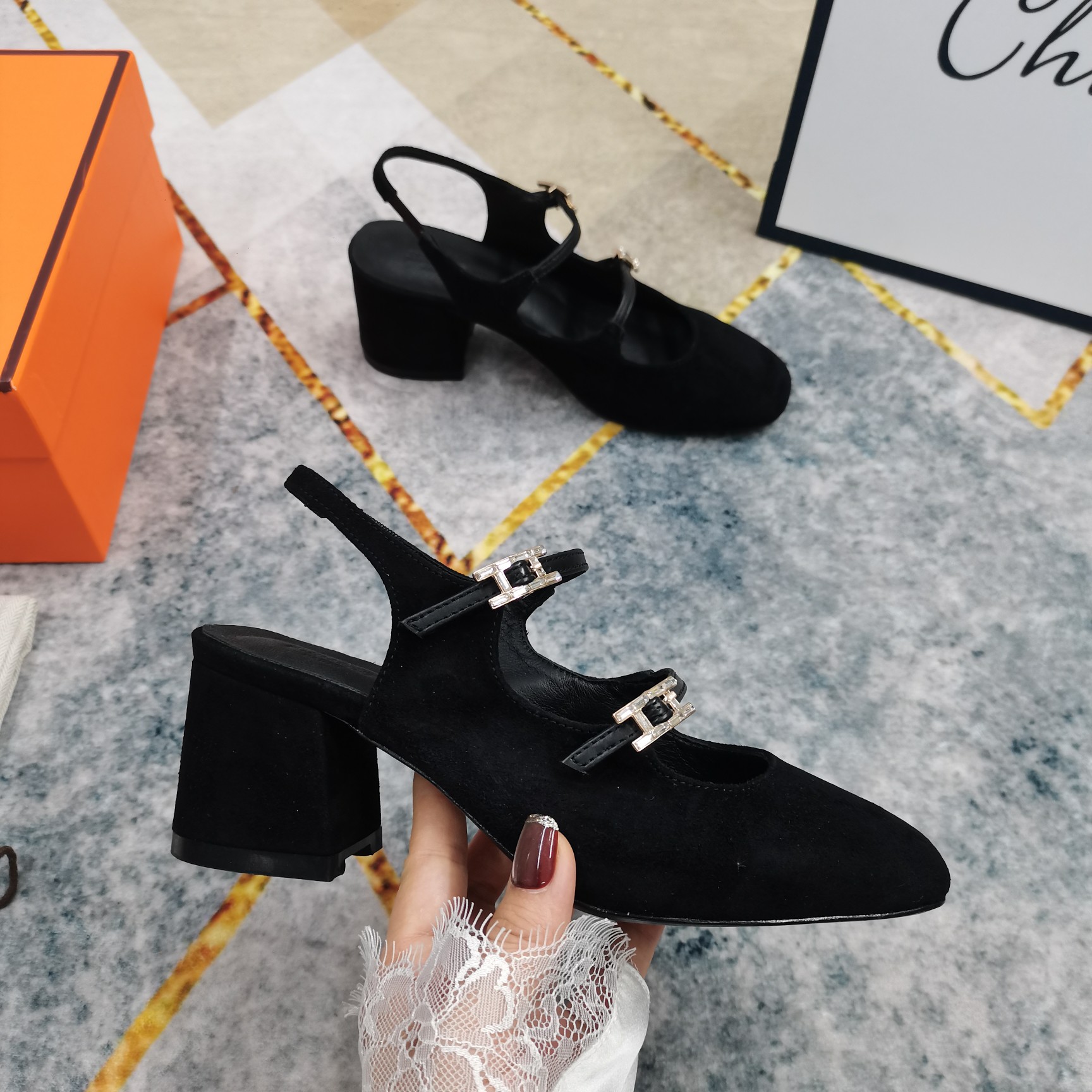 Hermes Women's Black Leather Mary Jane Block Heel Pumps Slingback Shoes 1 Hermes Women's Black Leather Mary Jane Block Heel Pumps Slingback Shoes