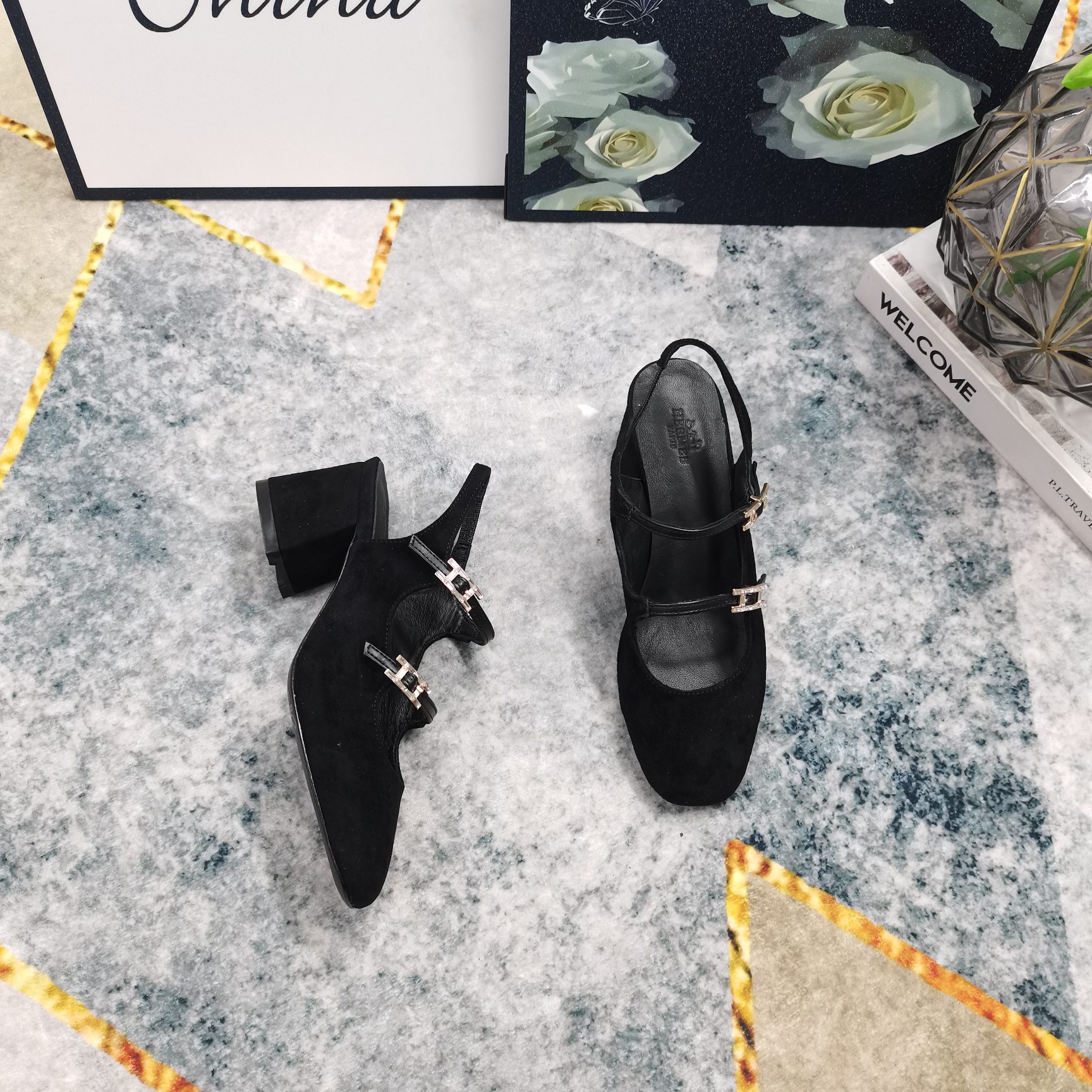Hermes Women's Black Leather Mary Jane Block Heel Pumps Slingback Shoes 9 a1743512563327 5378