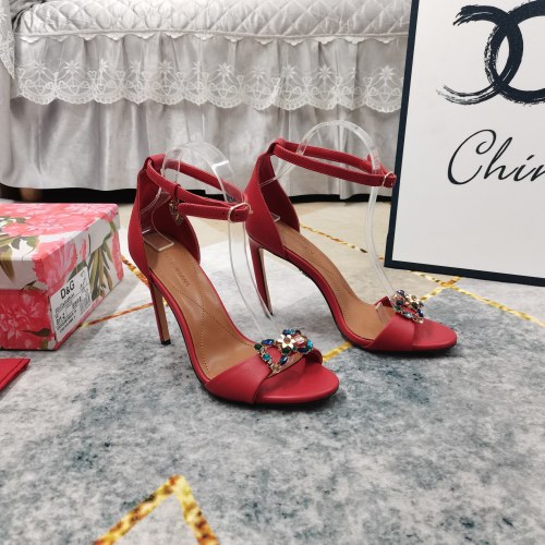 Dolce&Gabbana Red Leather High Heel Sandals with Crystal Heart Buckle