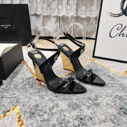 Yves Saint Laurent Women's Patent Leather Wedge Heel Sandals - Black