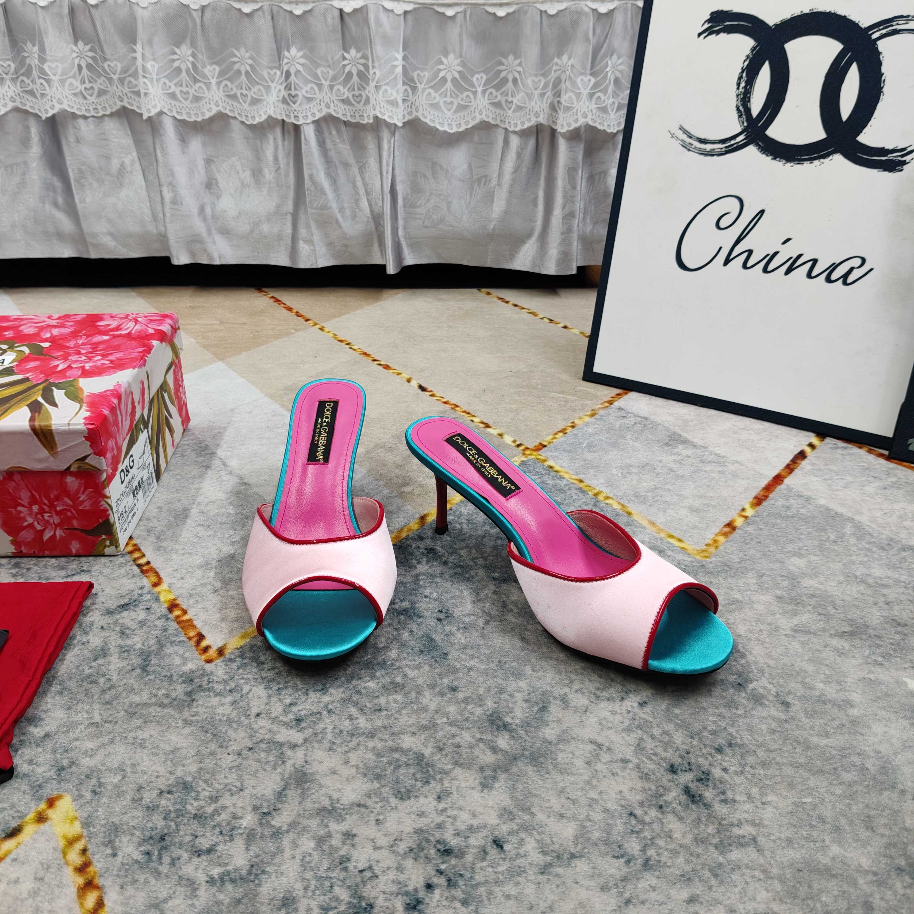 D&G Pink Turquoise Colorblock Satin Heel Mules