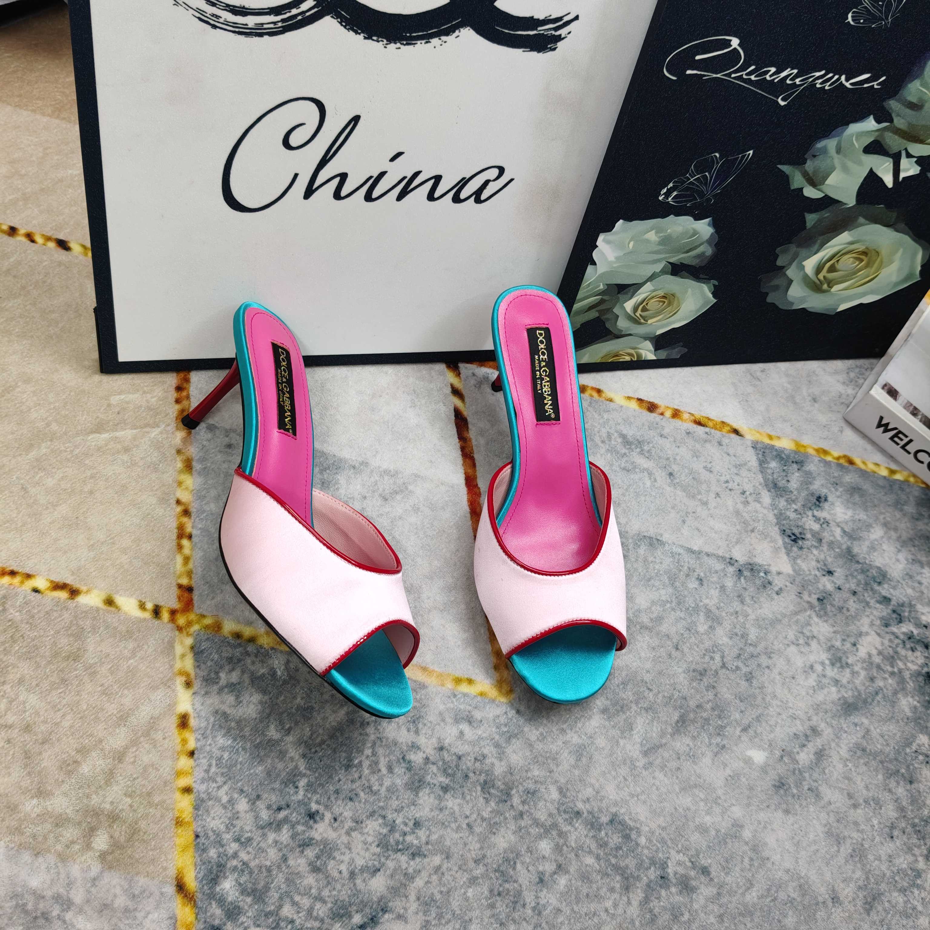 D&G Pink Turquoise Colorblock Satin Heel Mules