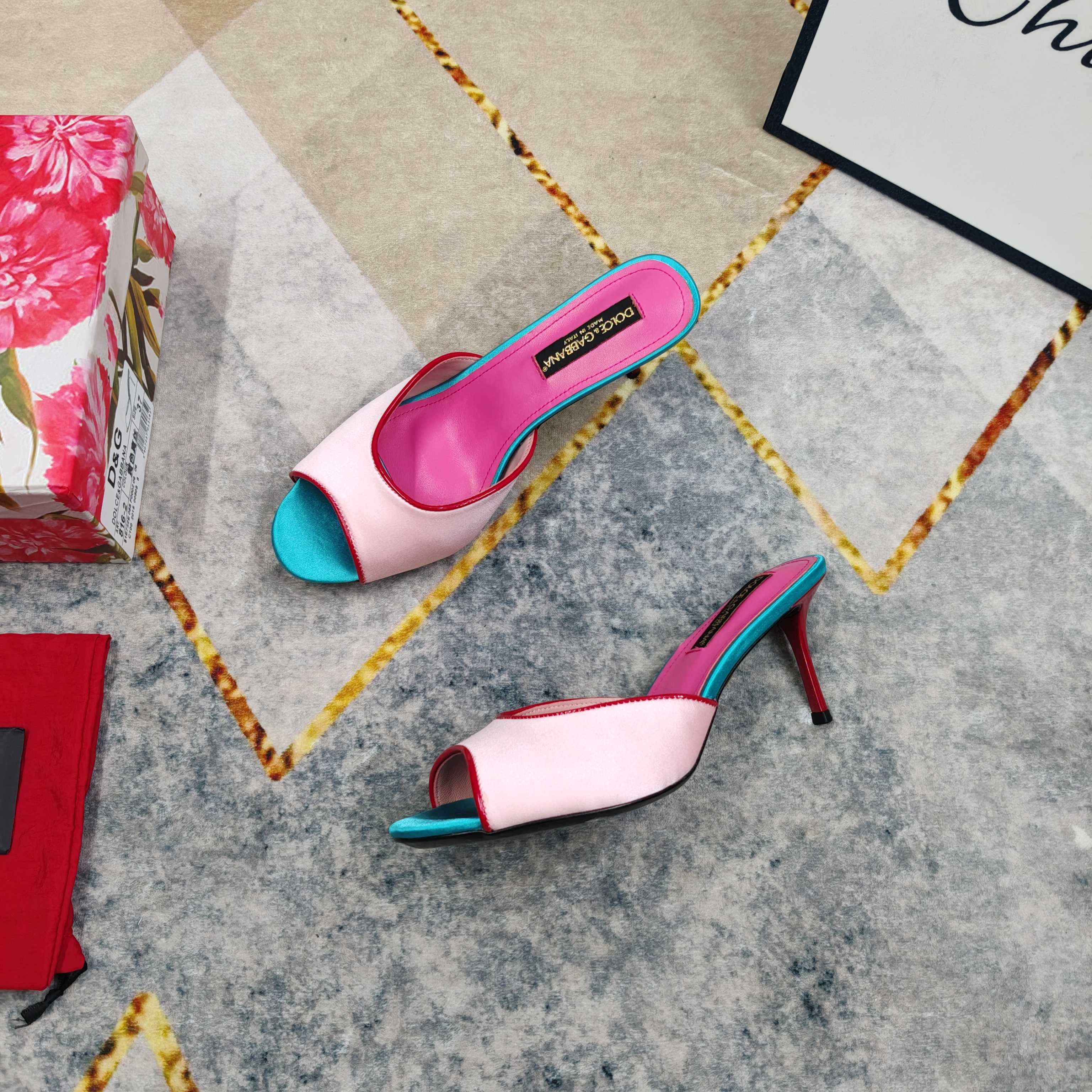 D&G Pink Turquoise Colorblock Satin Heel Mules