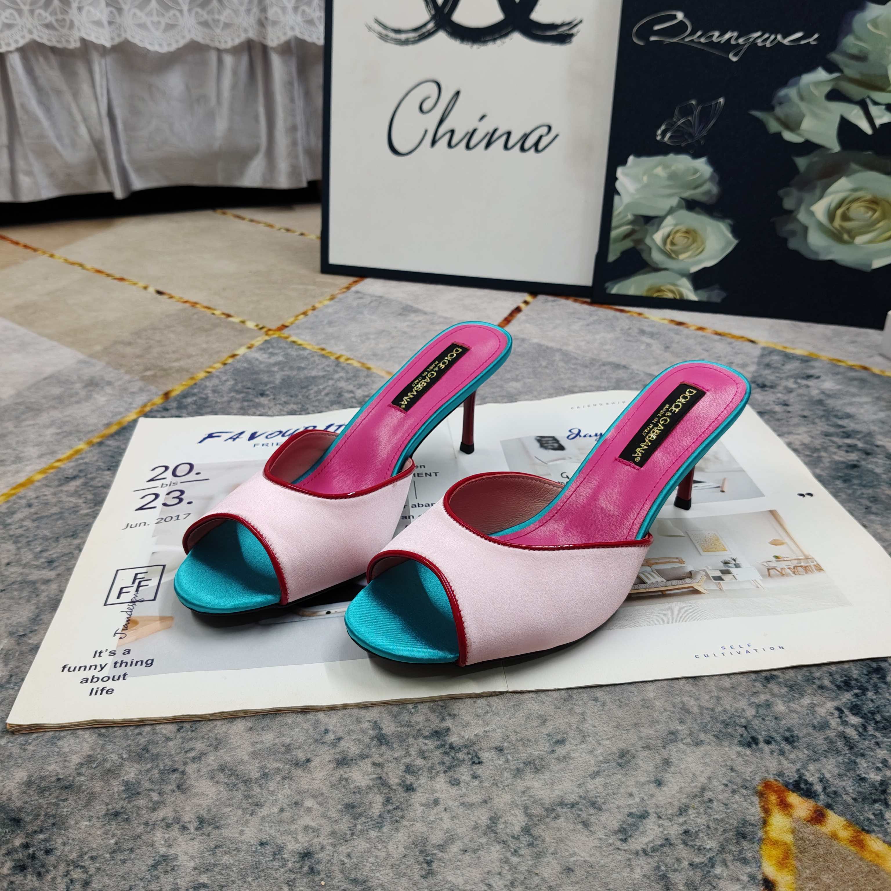 D&G Pink Turquoise Colorblock Satin Heel Mules