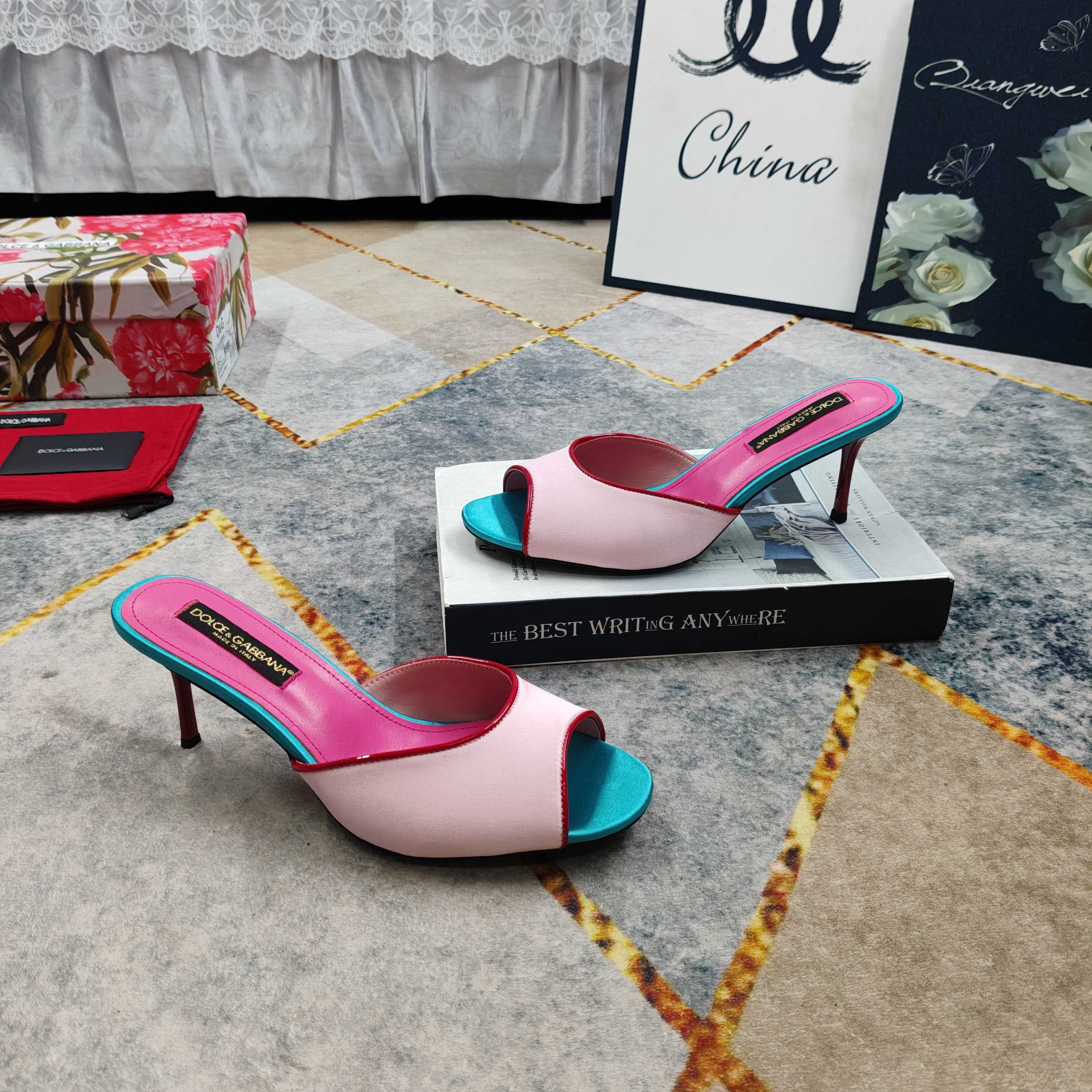 D&G Pink Turquoise Colorblock Satin Heel Mules