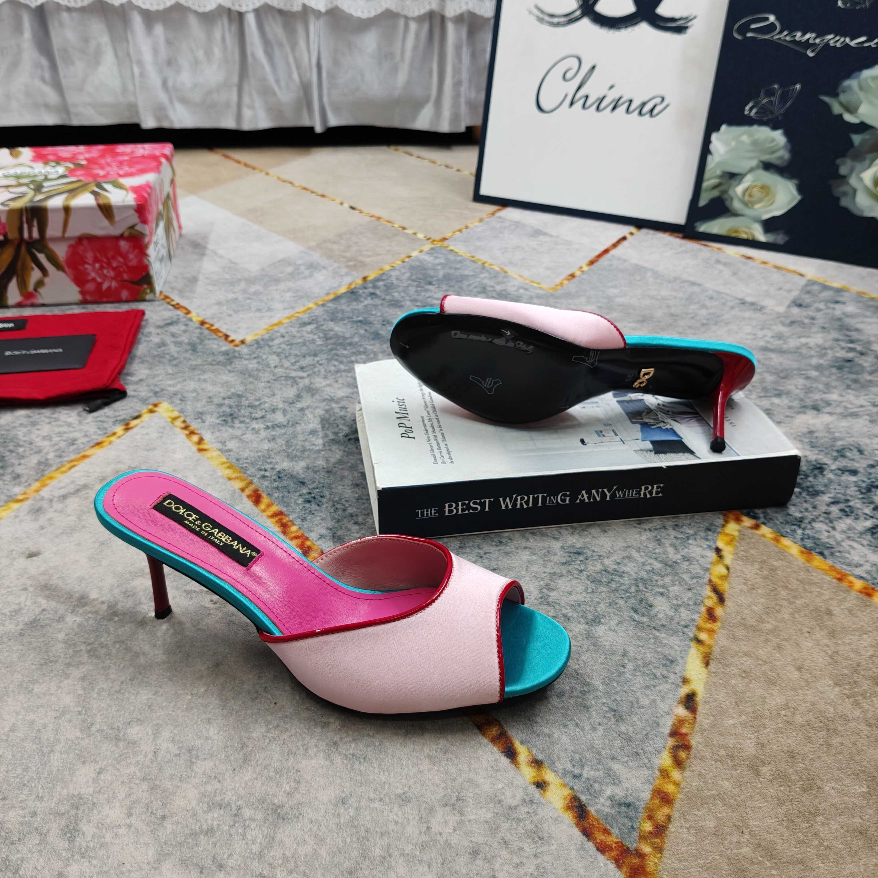 D&G Pink Turquoise Colorblock Satin Heel Mules