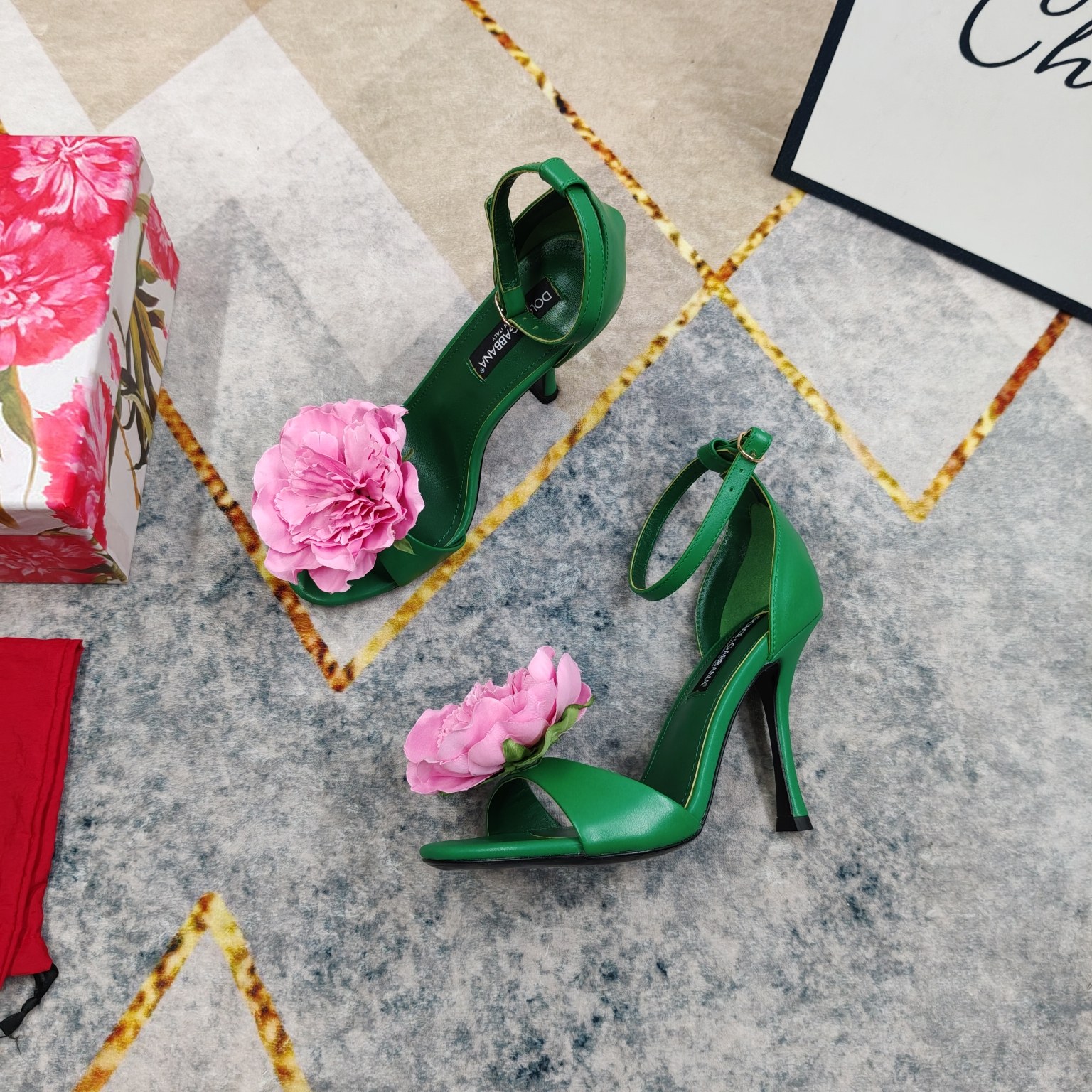 D&G Green Leather Pink Flower Ankle Strap Heels