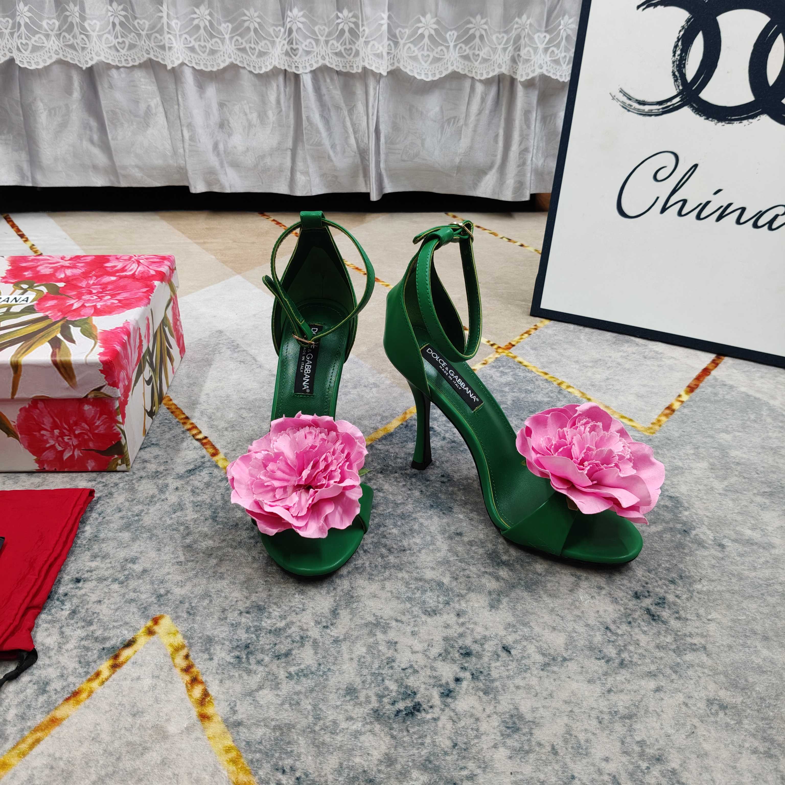 D&G Green Leather Pink Flower Ankle Strap Heels