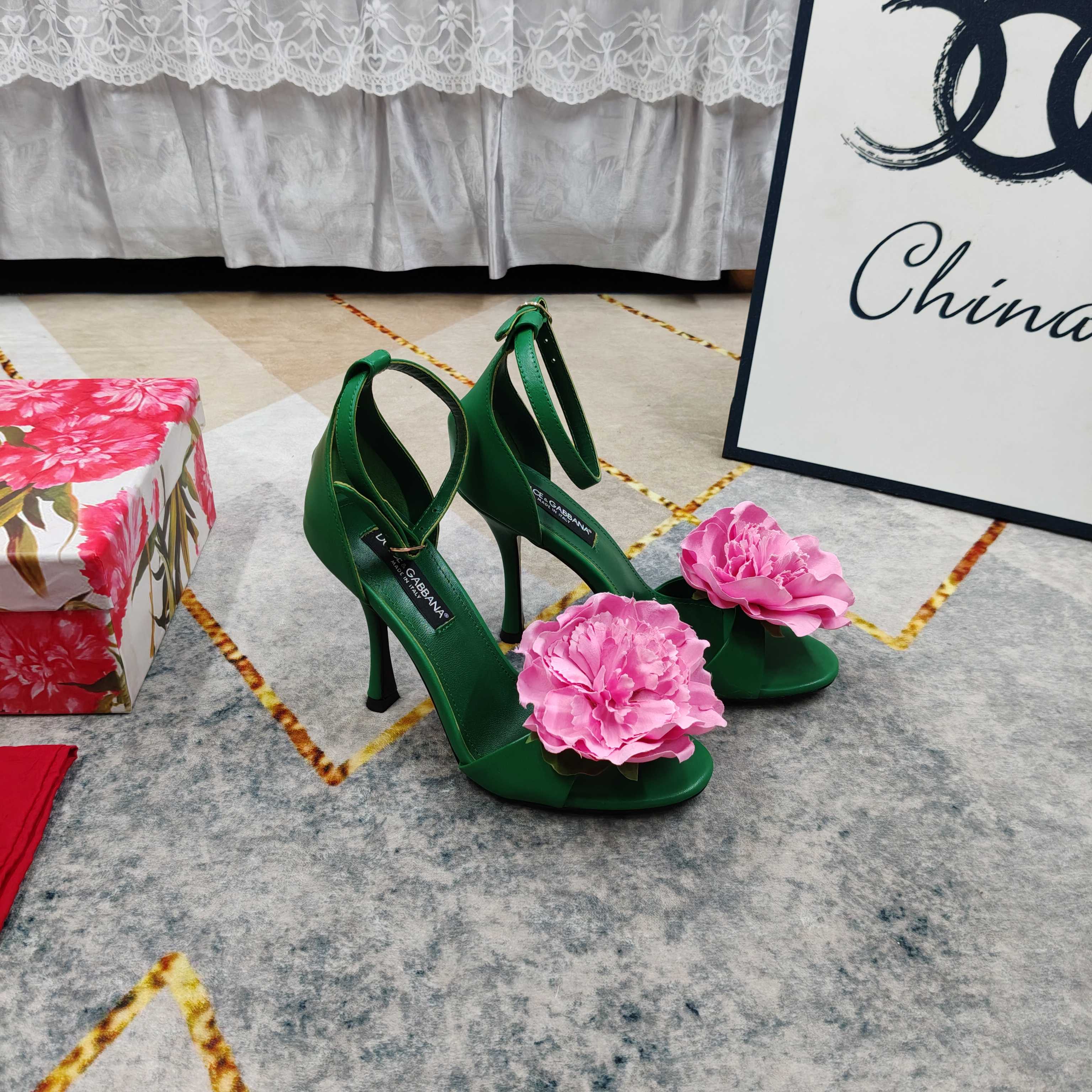 D&G Green Leather Pink Flower Ankle Strap Heels