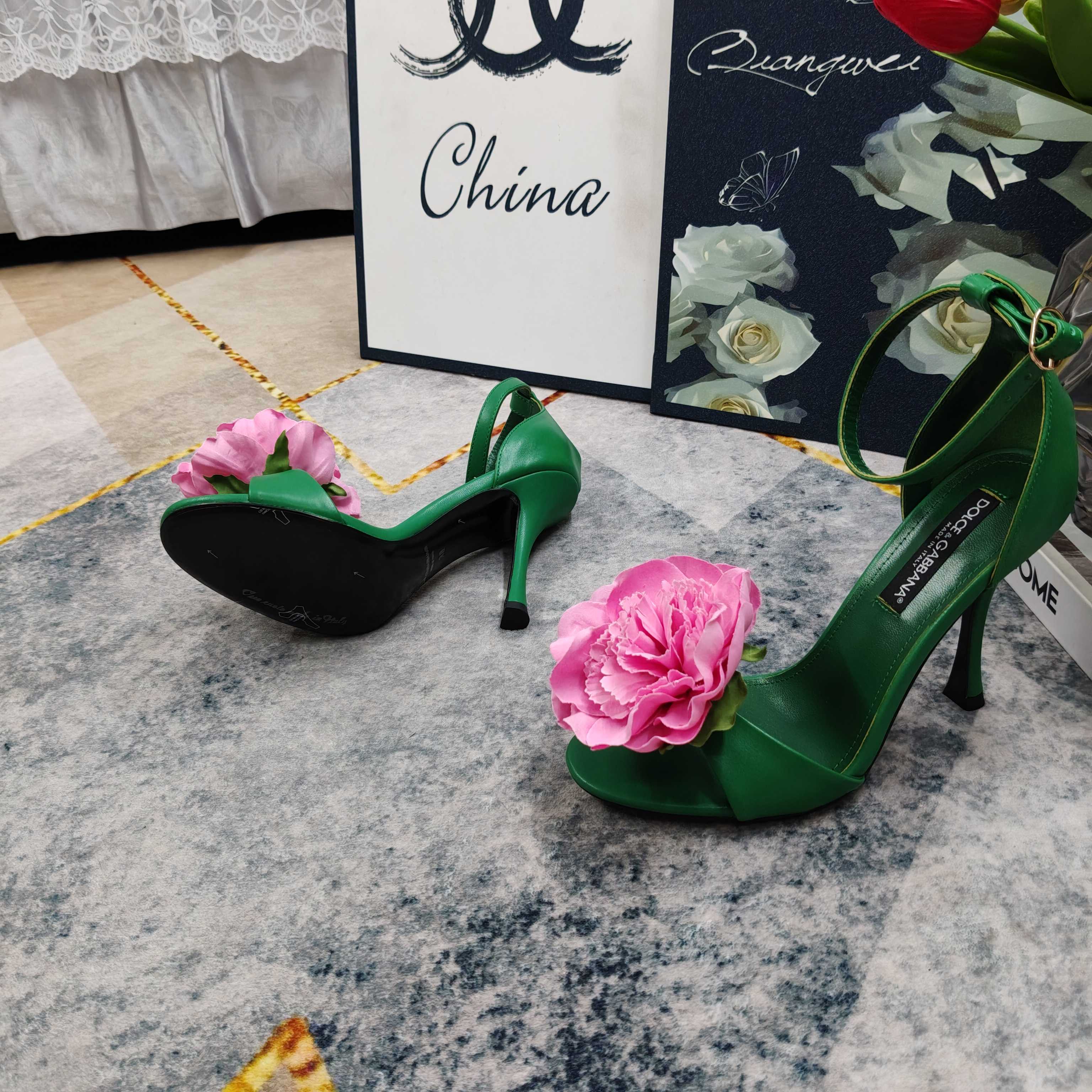 D&G Green Leather Pink Flower Ankle Strap Heels