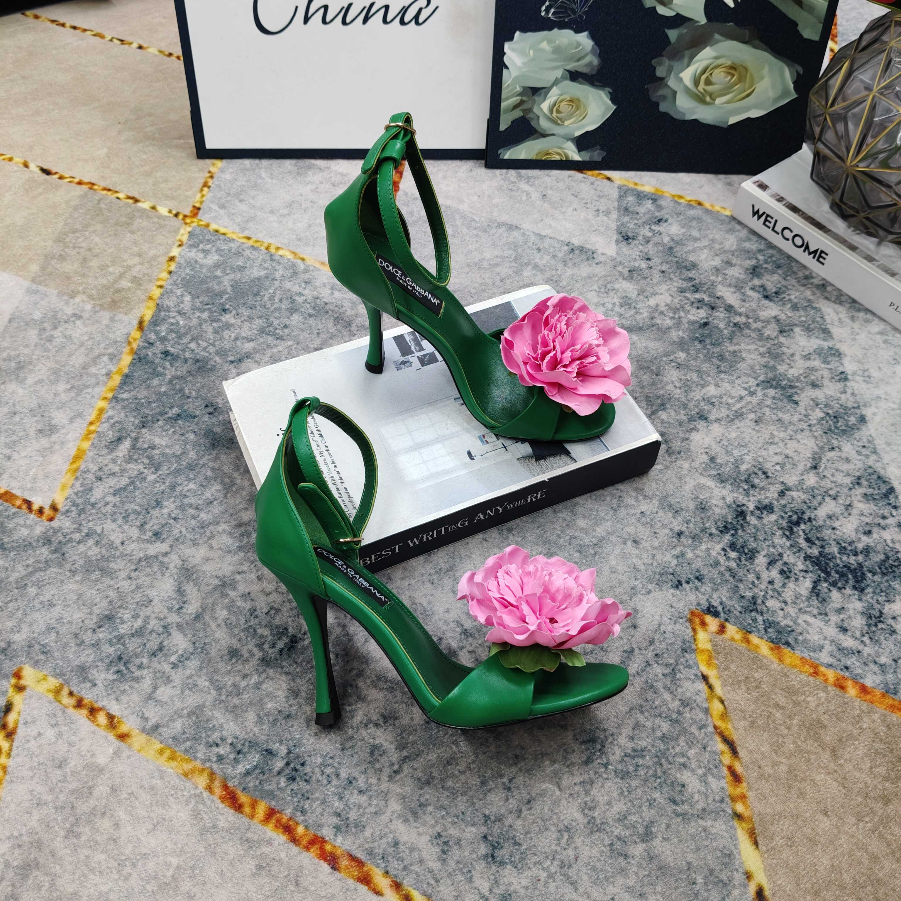 D&G Green Leather Pink Flower Ankle Strap Heels