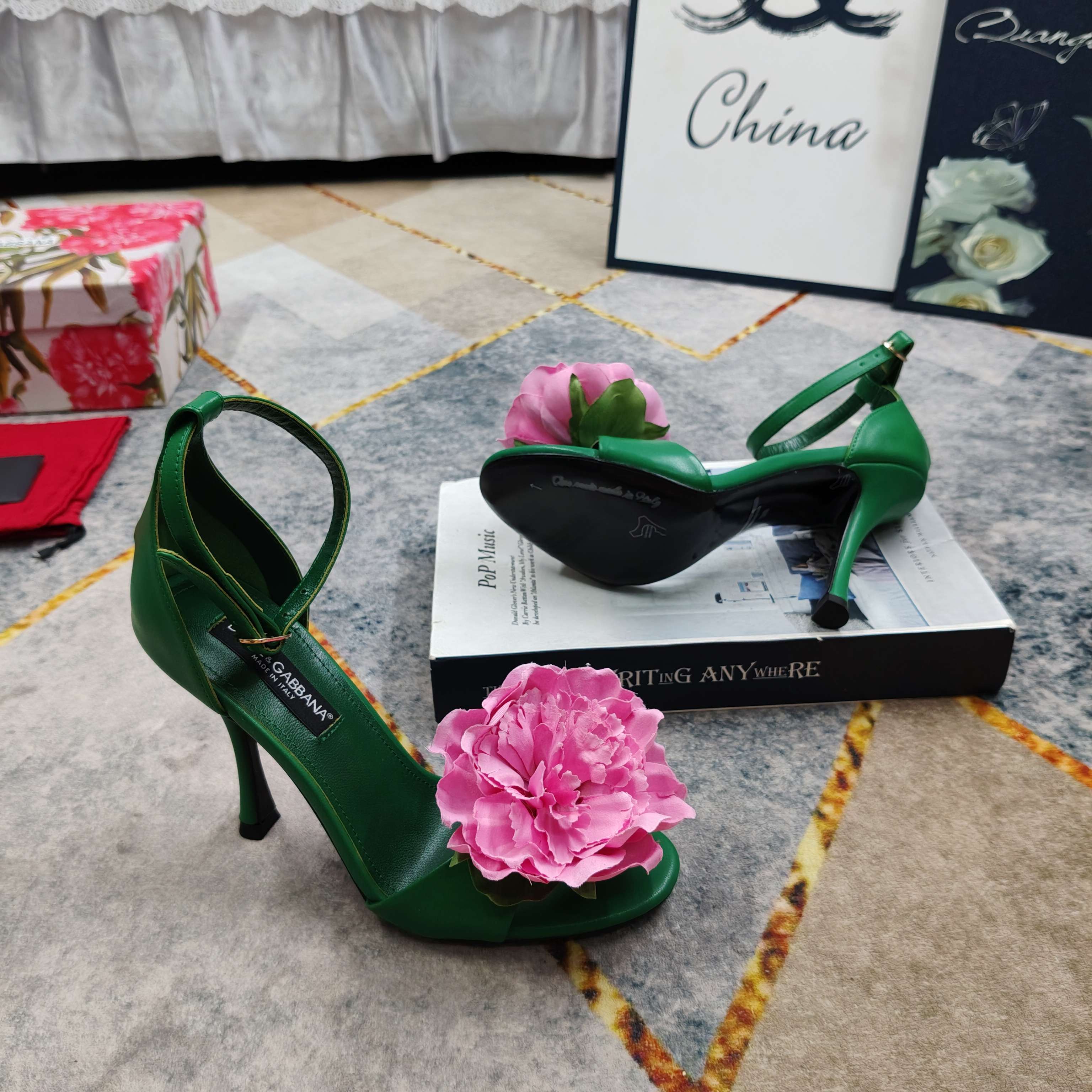 D&G Green Leather Pink Flower Ankle Strap Heels