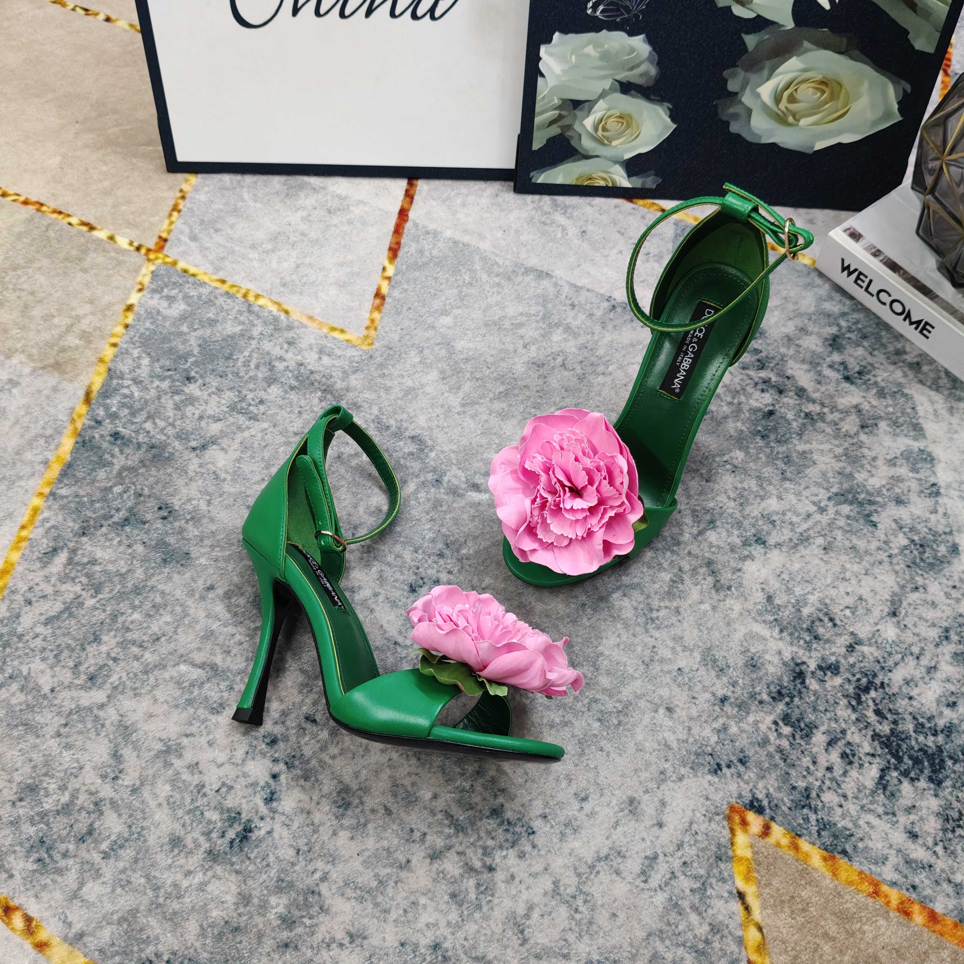 D&G Green Leather Pink Flower Ankle Strap Heels