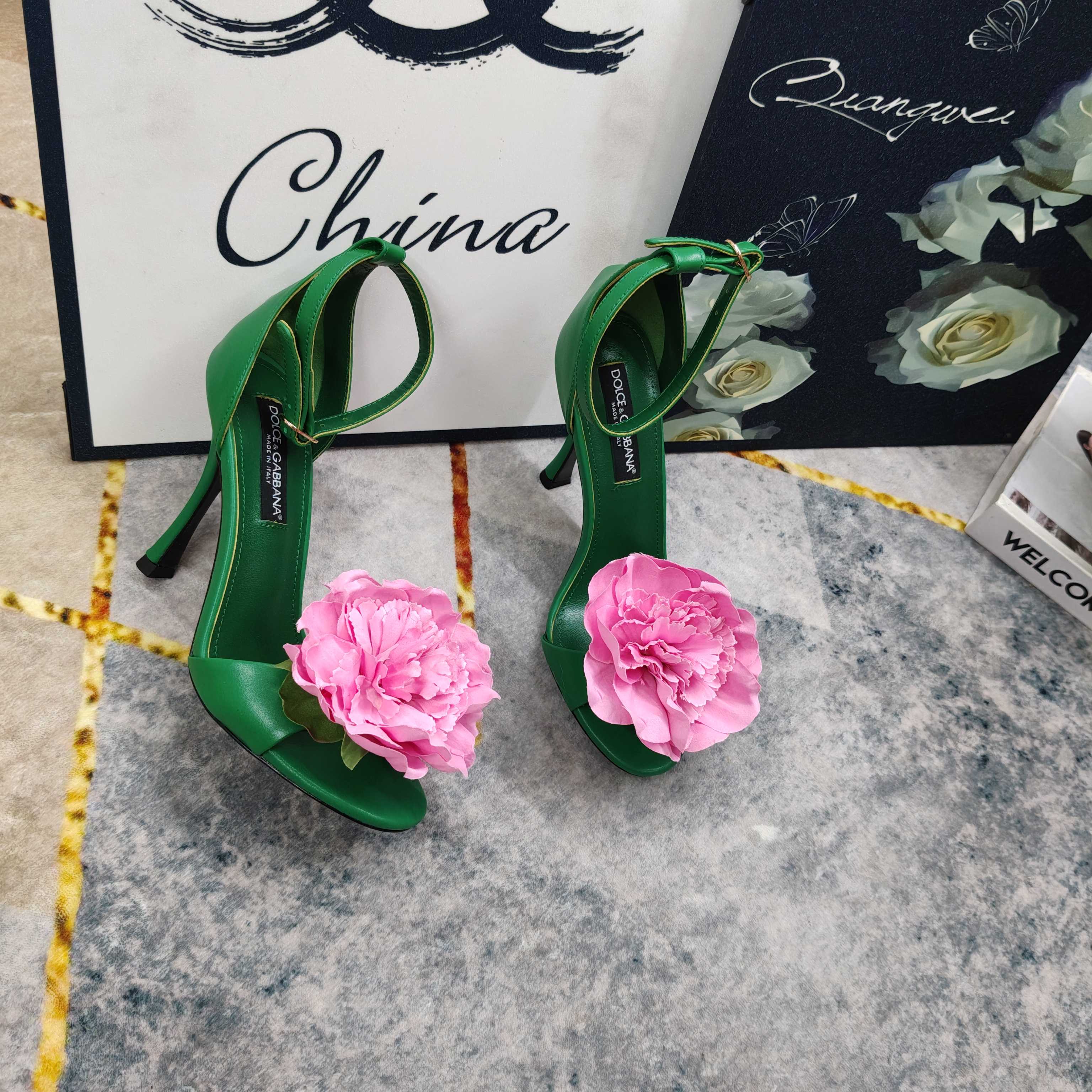 D&G Green Leather Pink Flower Ankle Strap Heels