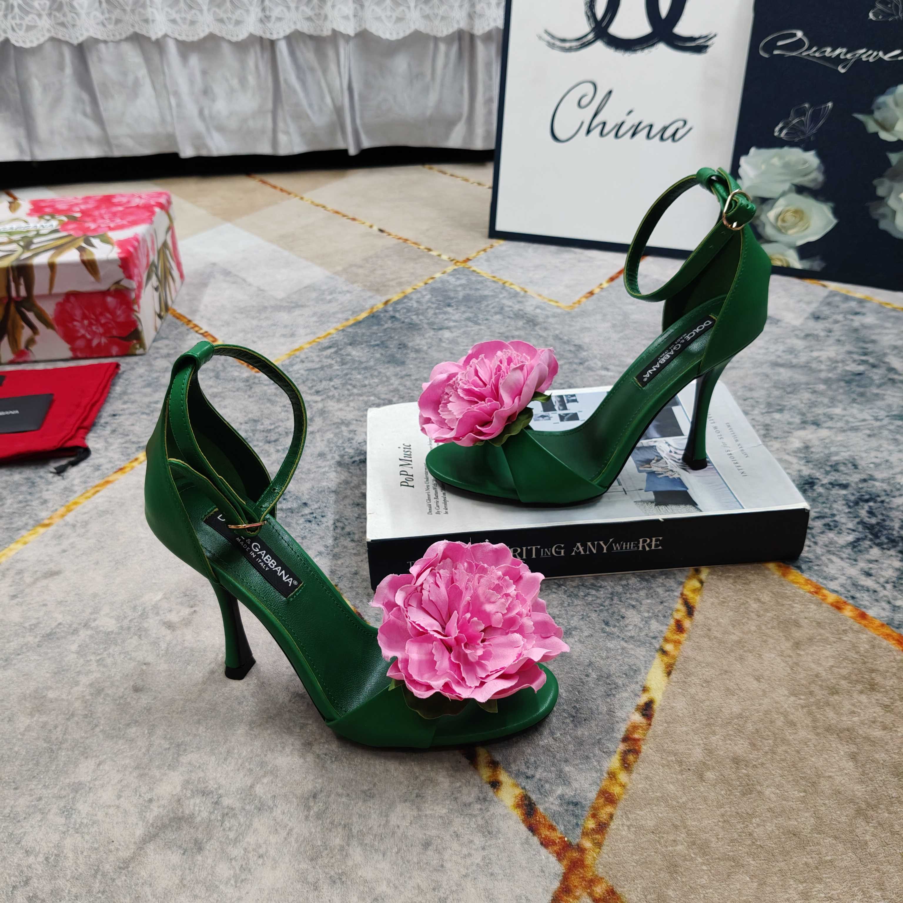 D&G Green Leather Pink Flower Ankle Strap Heels