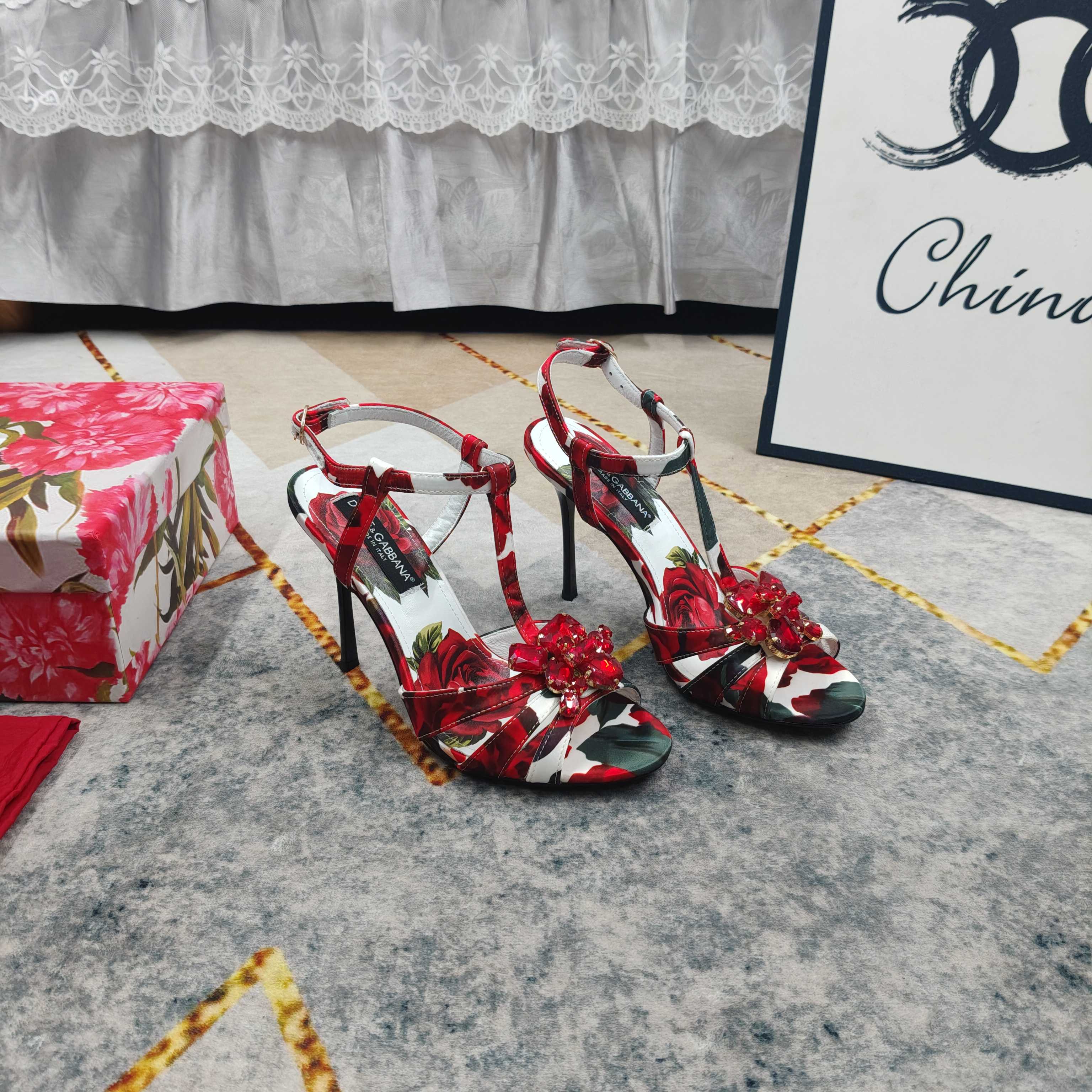 D&G Rose Print Crystal Flower Stiletto Heels
