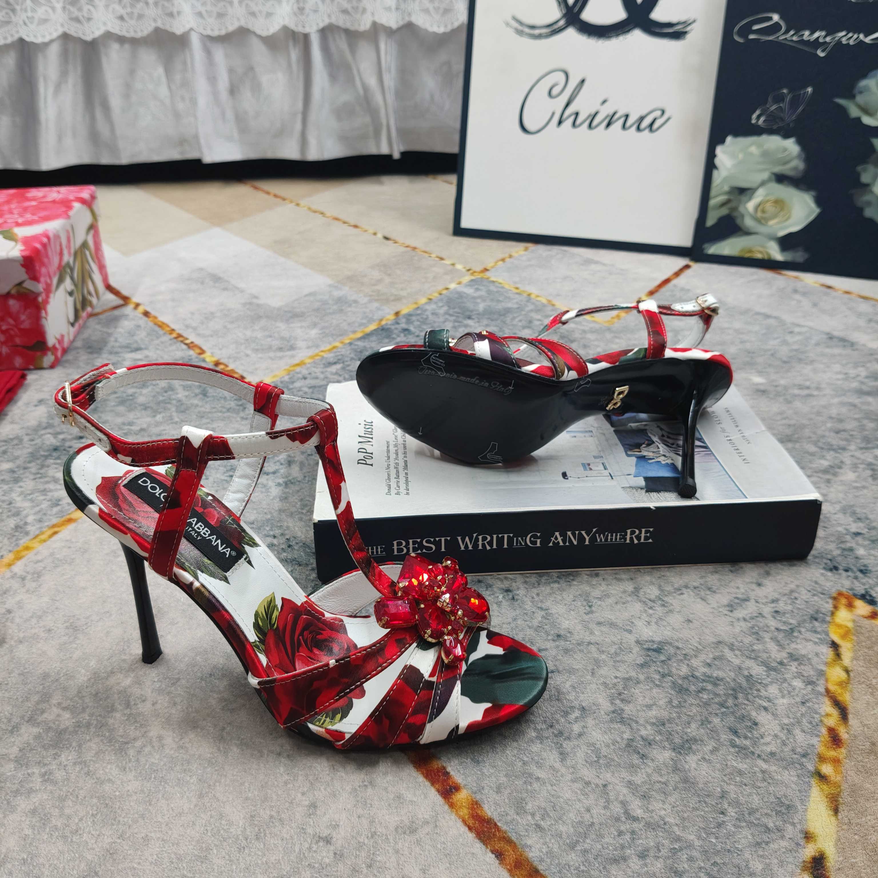 D&G Rose Print Crystal Flower Stiletto Heels