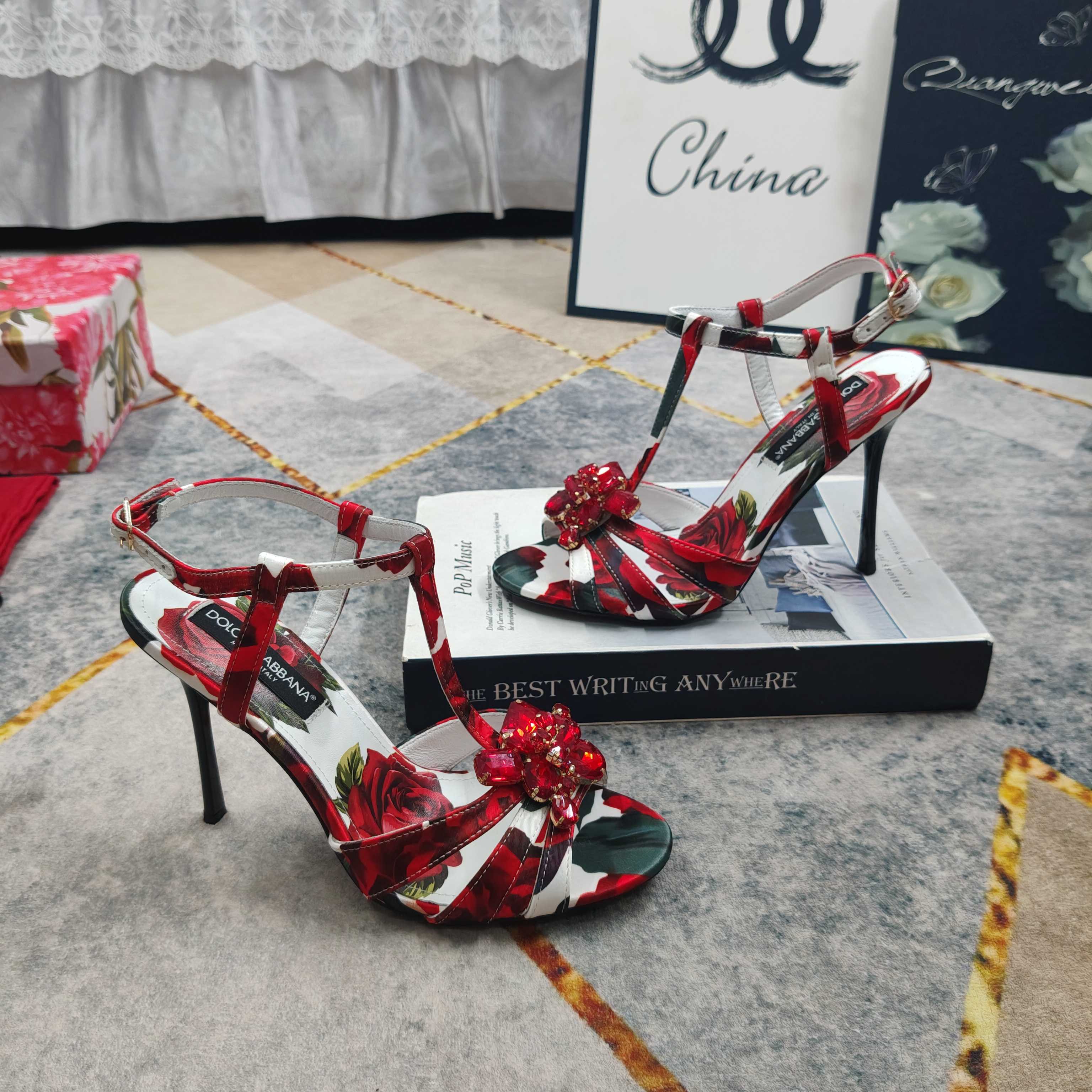 D&G Rose Print Crystal Flower Stiletto Heels