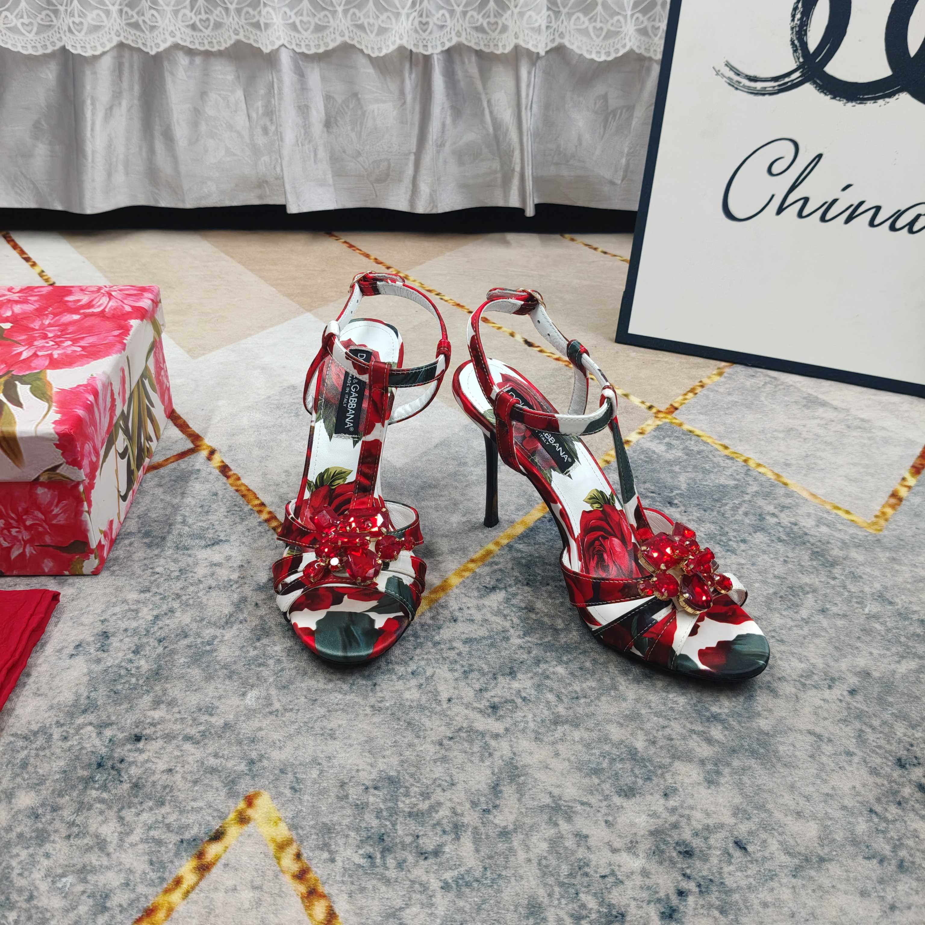 D&G Rose Print Crystal Flower Stiletto Heels