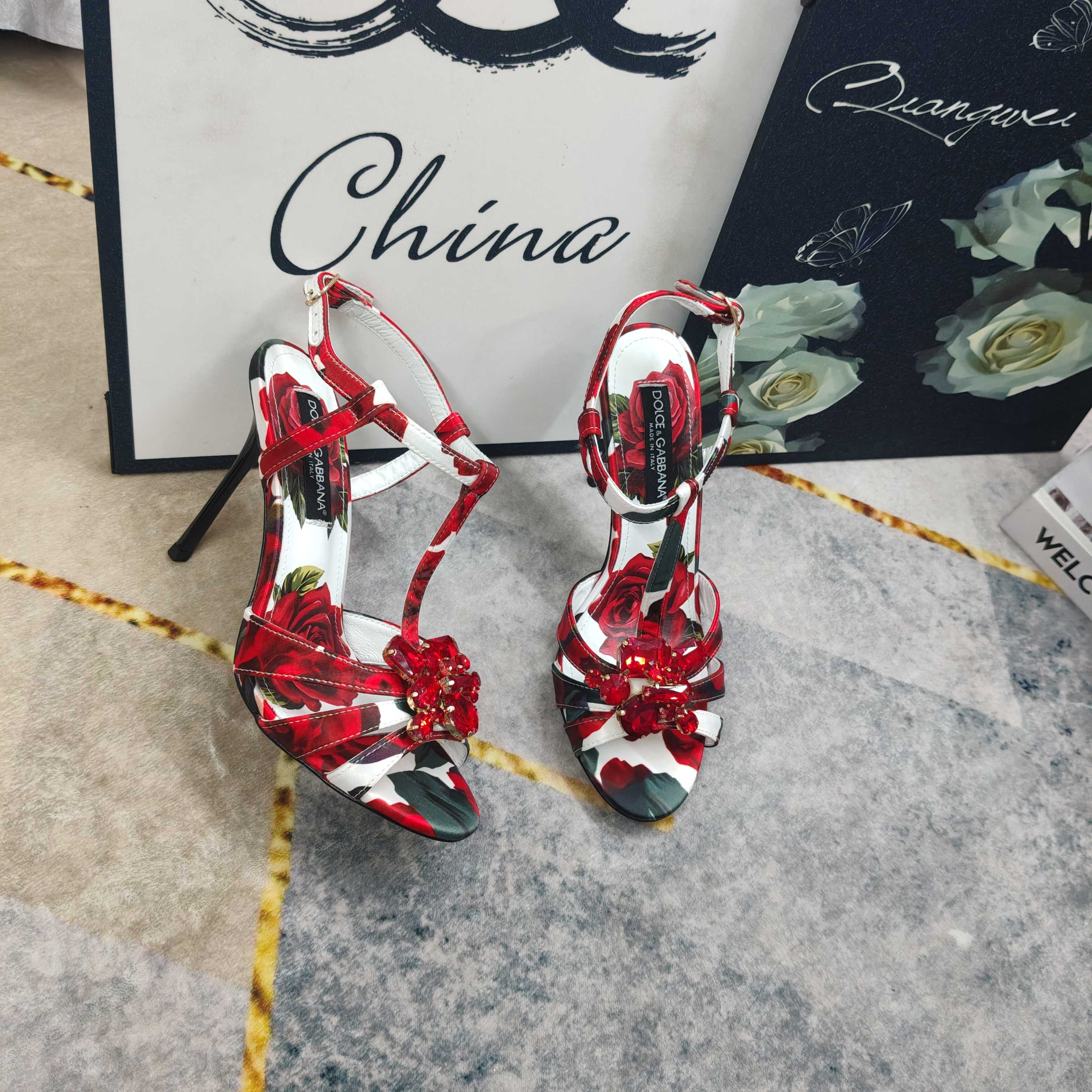 D&G Rose Print Crystal Flower Stiletto Heels