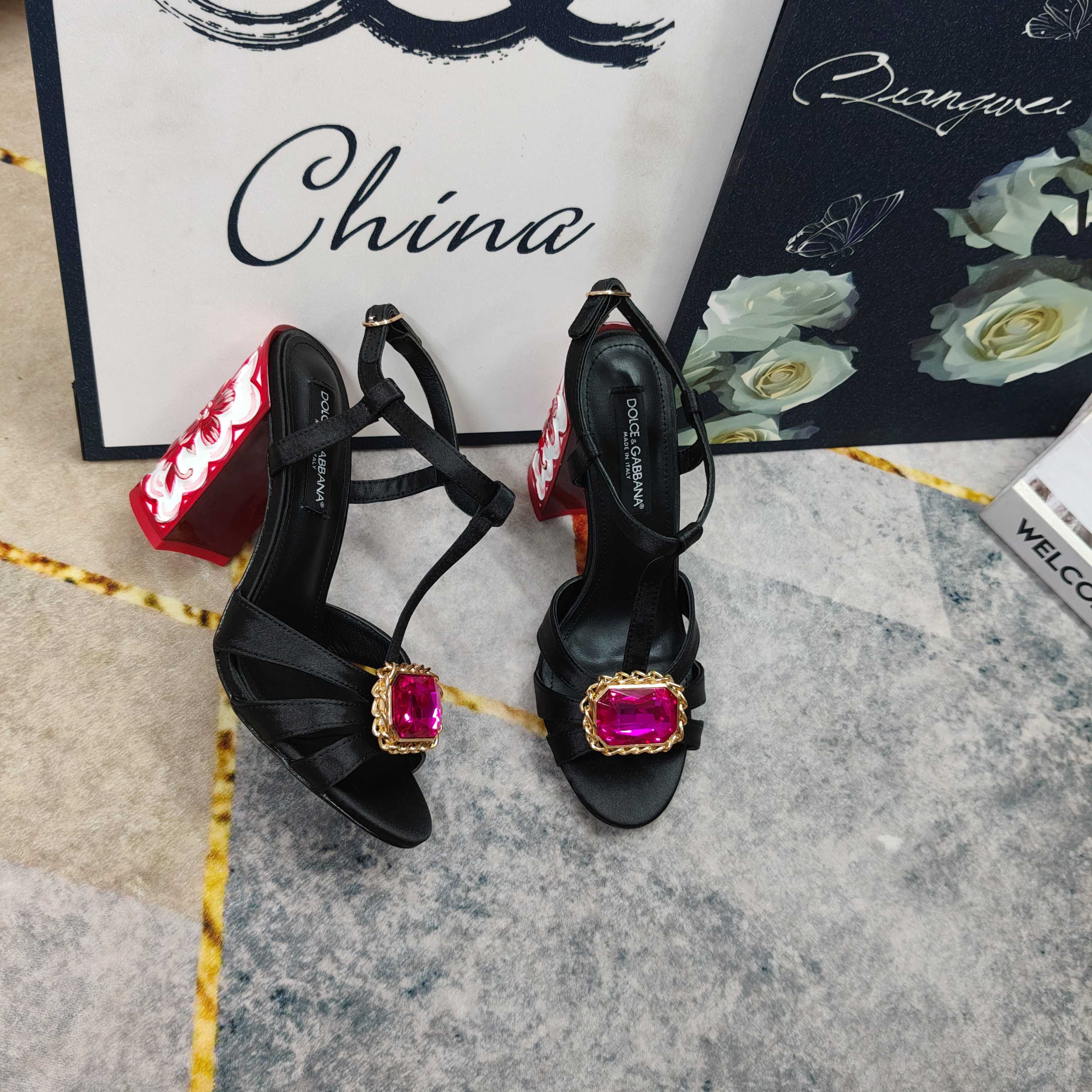 D&G Black Satin Magenta Crystal Carved Block Heels