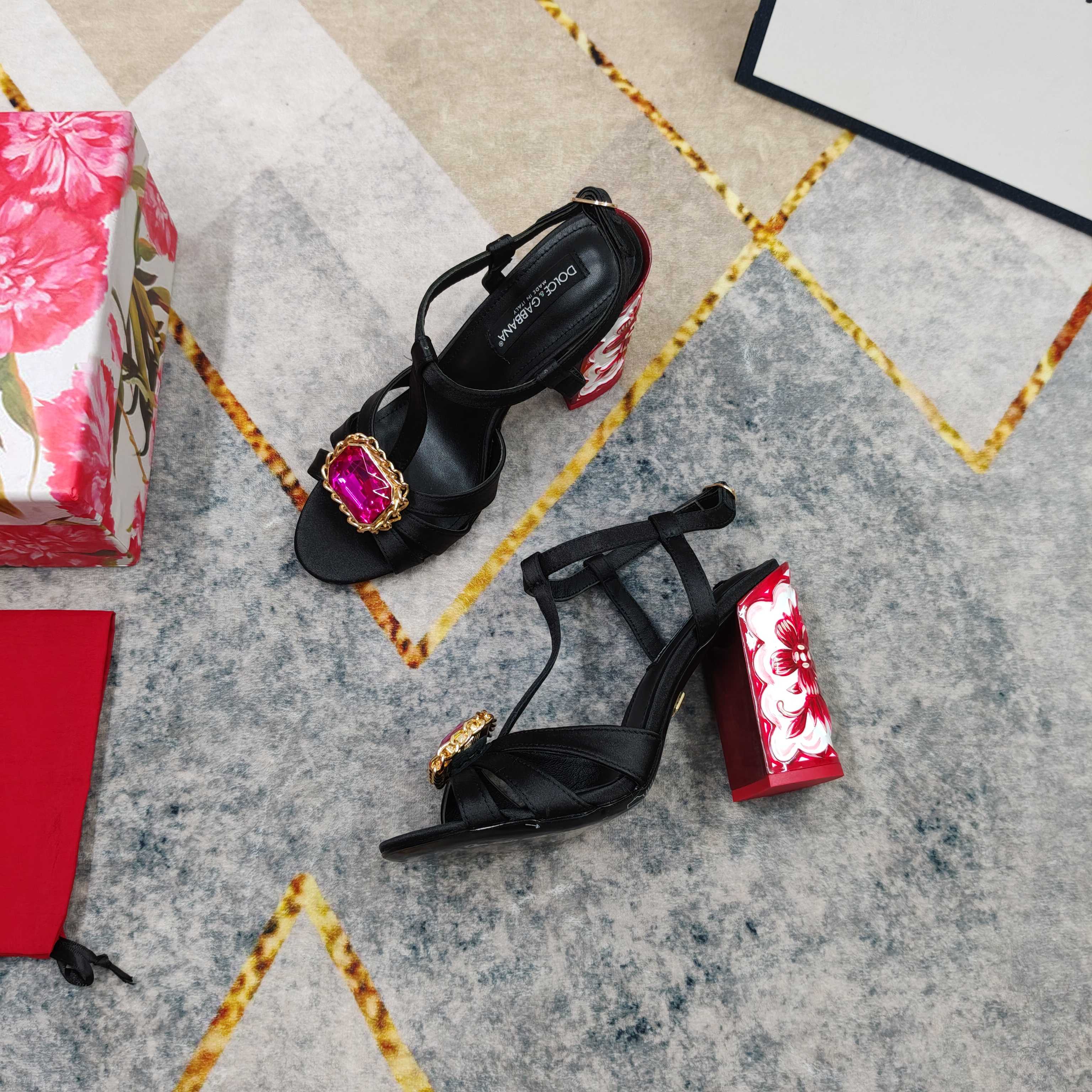 D&G Black Satin Magenta Crystal Carved Block Heels