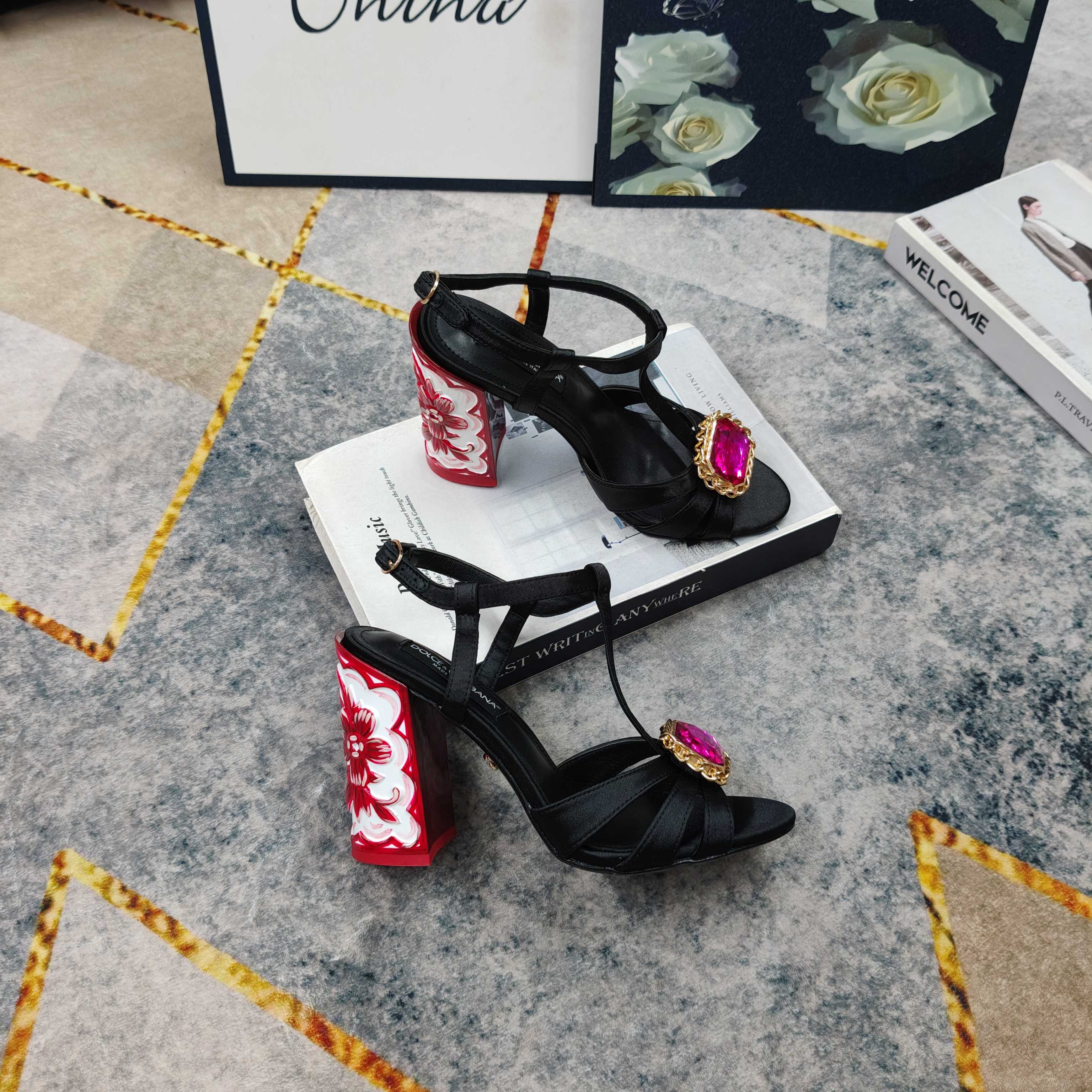 D&G Black Satin Magenta Crystal Carved Block Heels