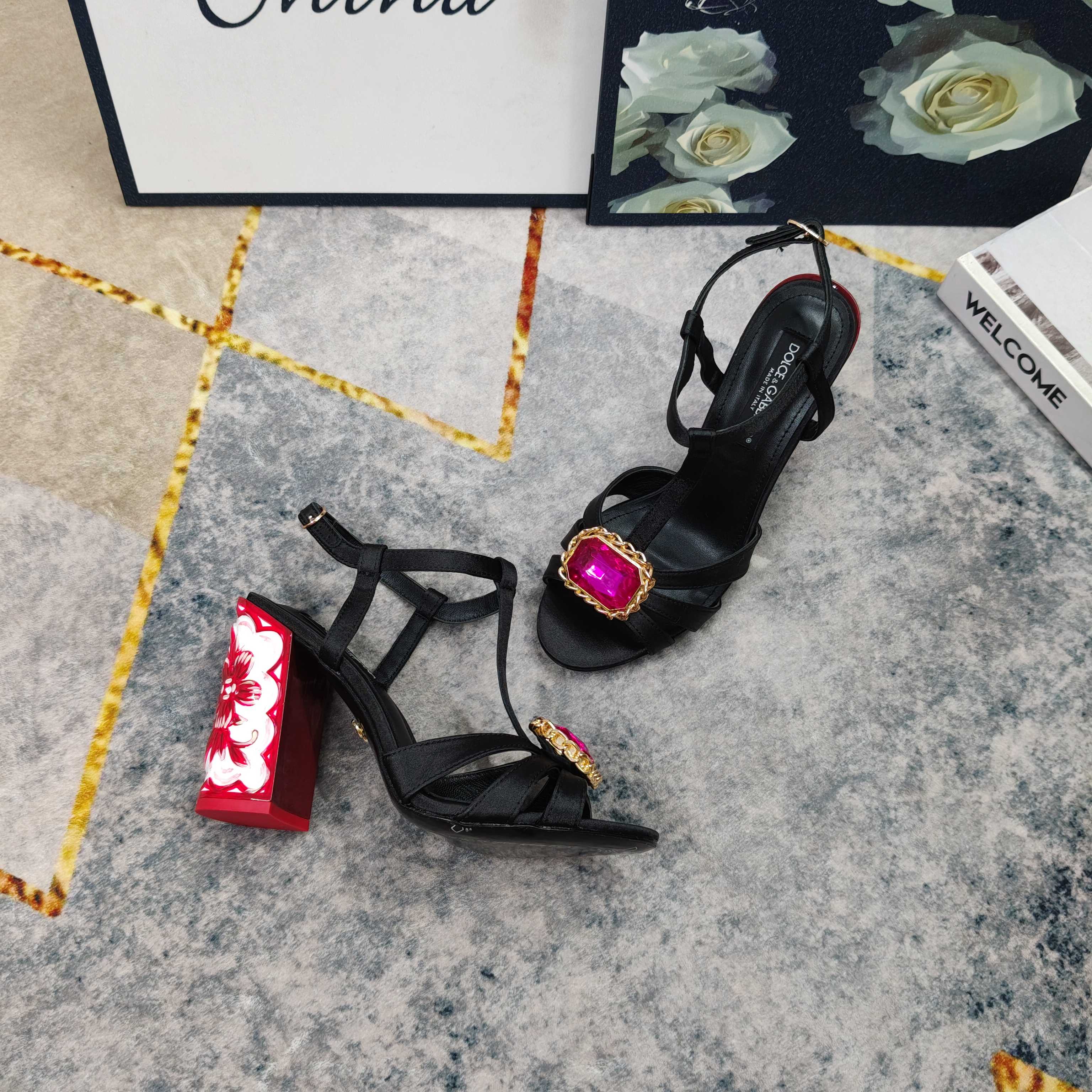 D&G Black Satin Magenta Crystal Carved Block Heels