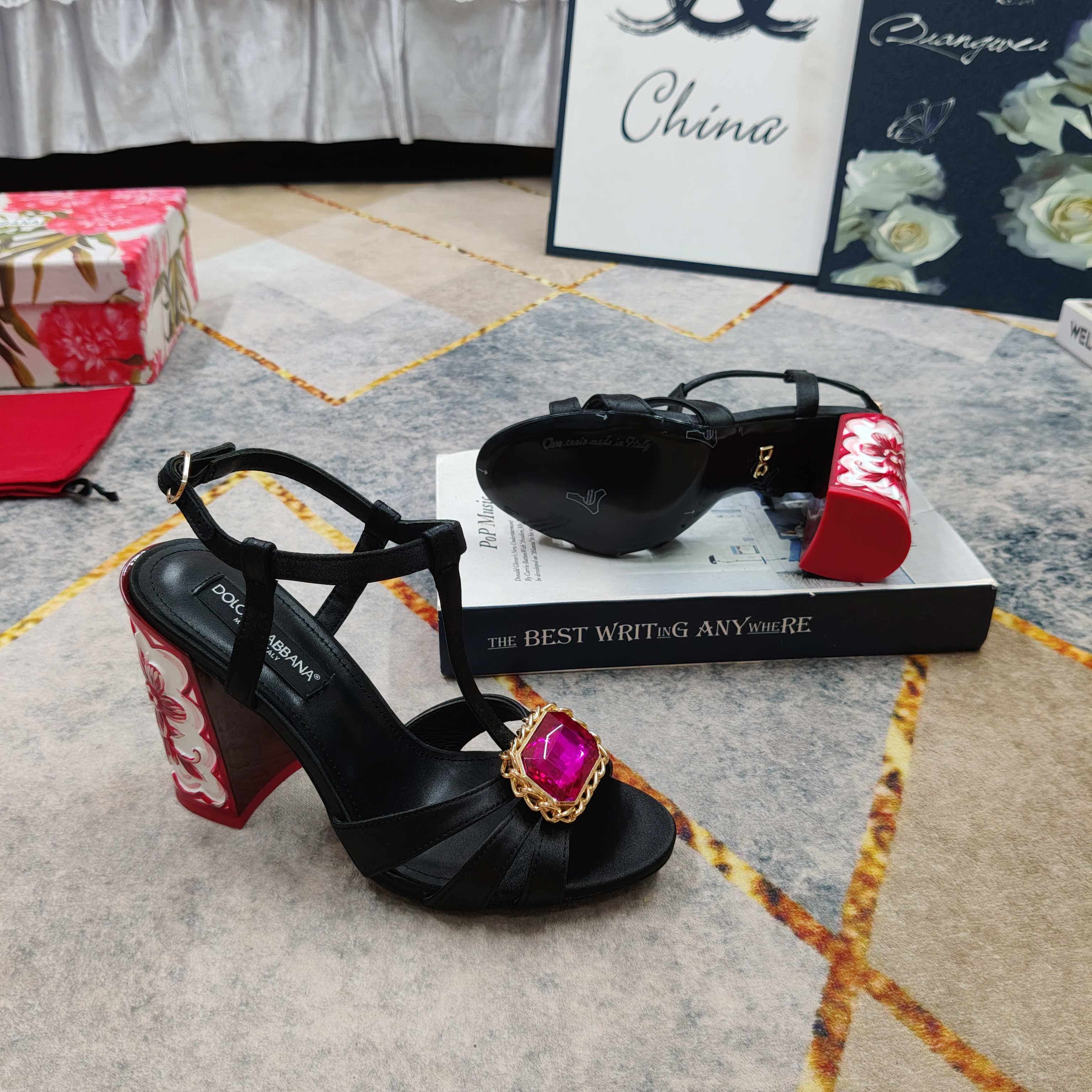 D&G Black Satin Magenta Crystal Carved Block Heels