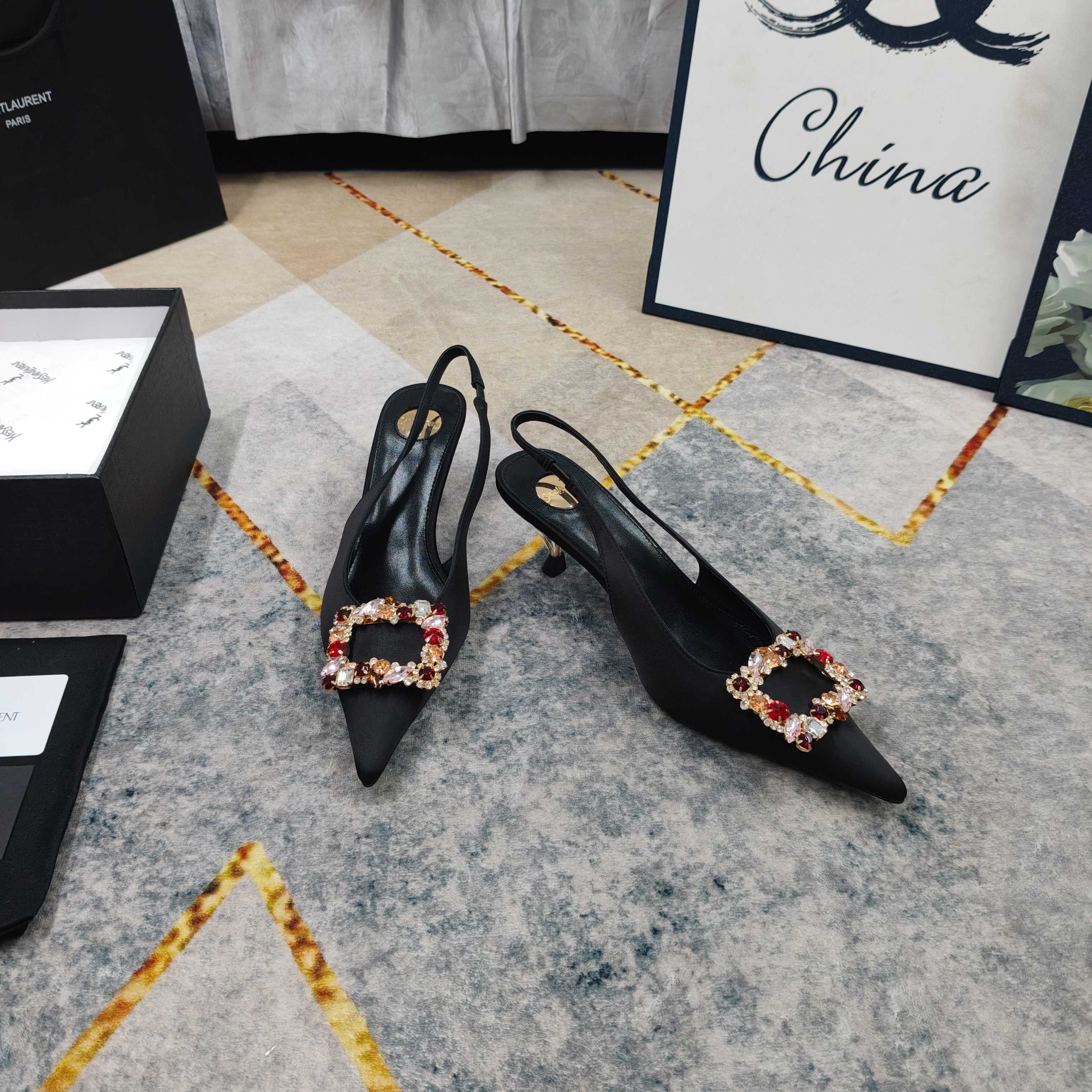 YSL Crystal Buckle Satin Slingbacks