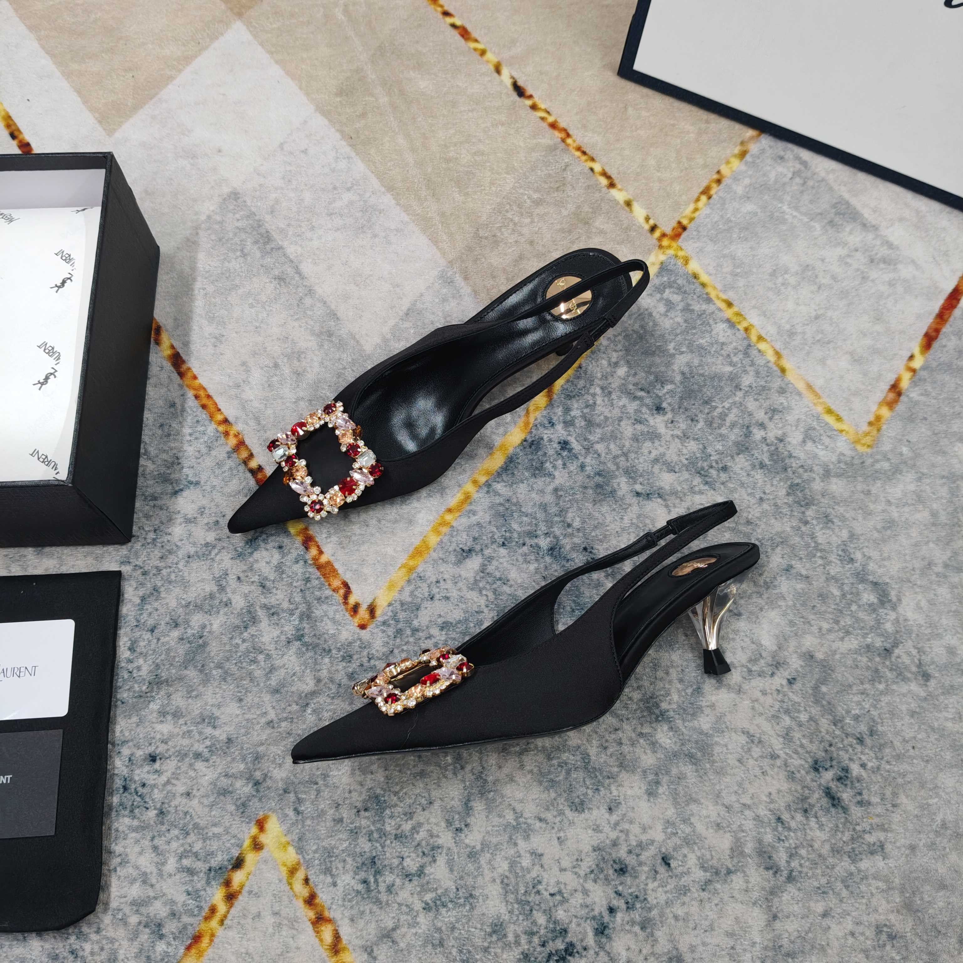 YSL Crystal Buckle Satin Slingbacks