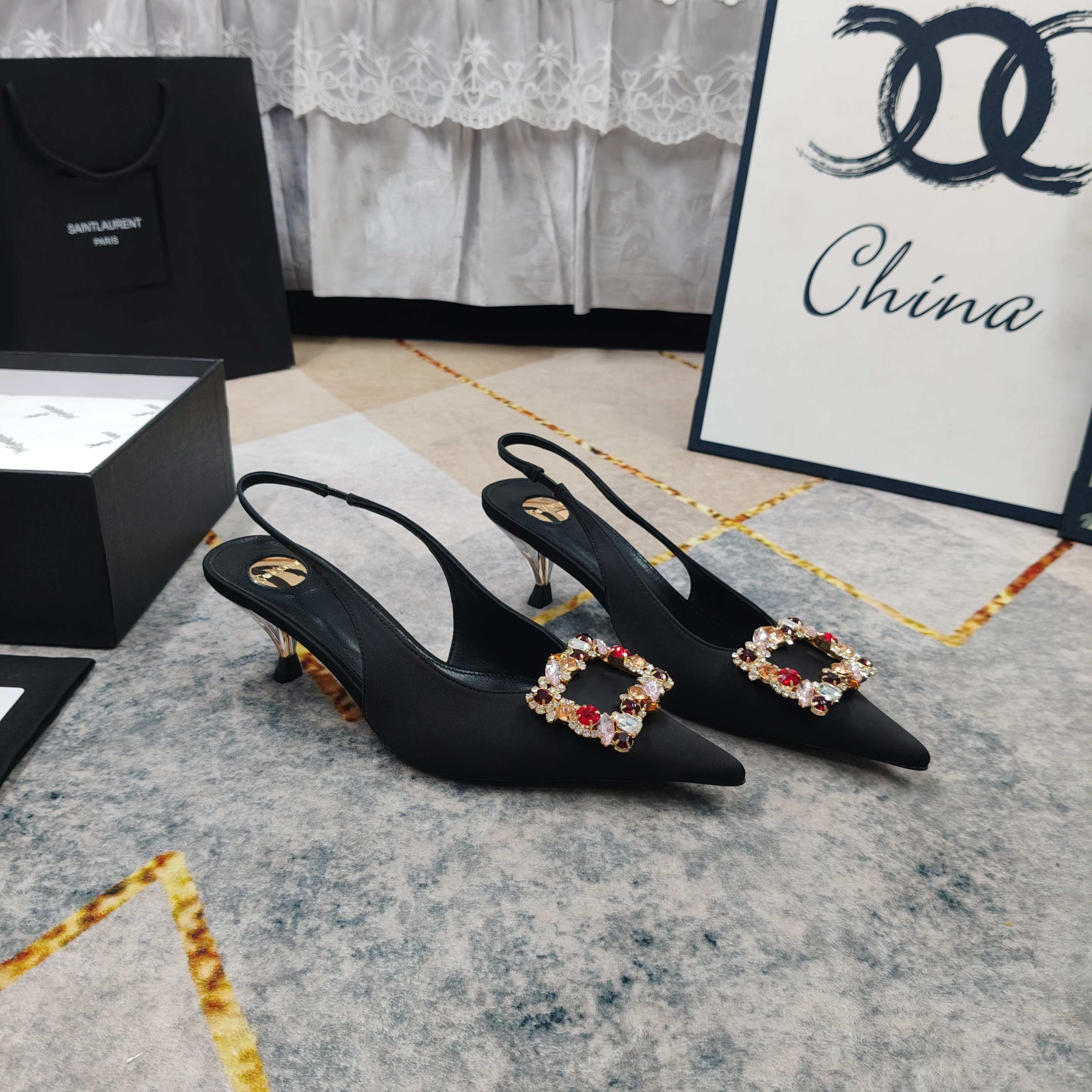 YSL Crystal Buckle Satin Slingbacks