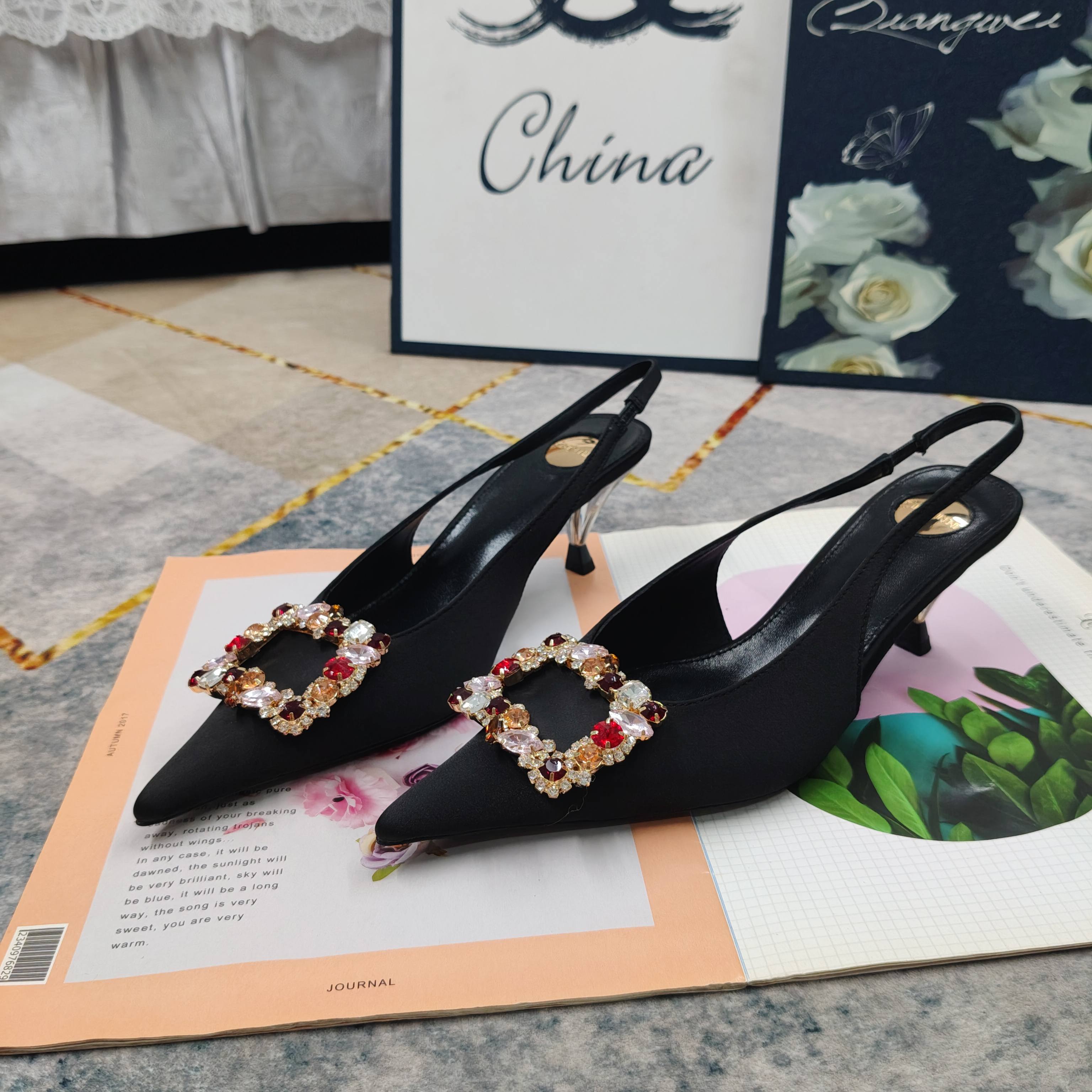 YSL Crystal Buckle Satin Slingbacks