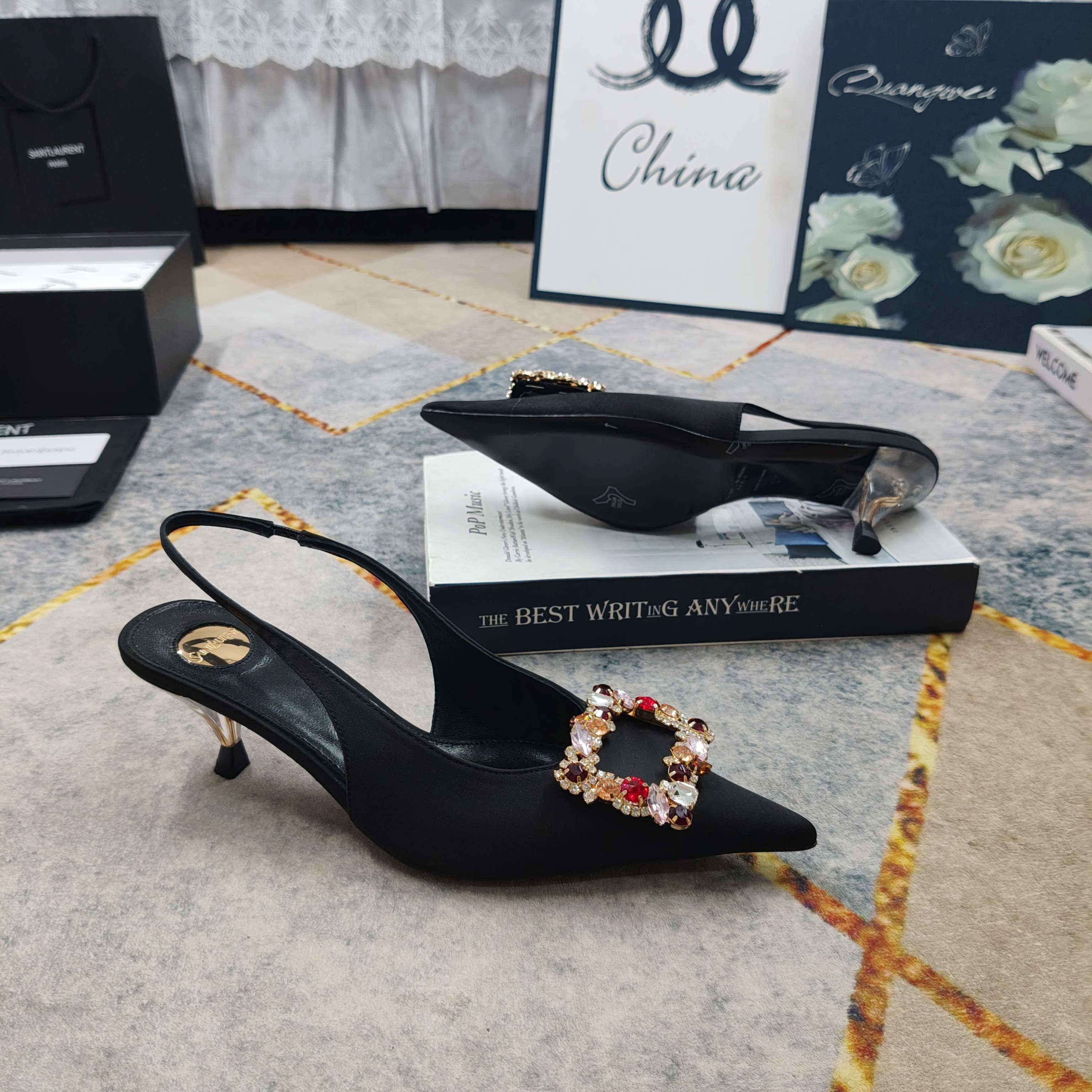 YSL Crystal Buckle Satin Slingbacks