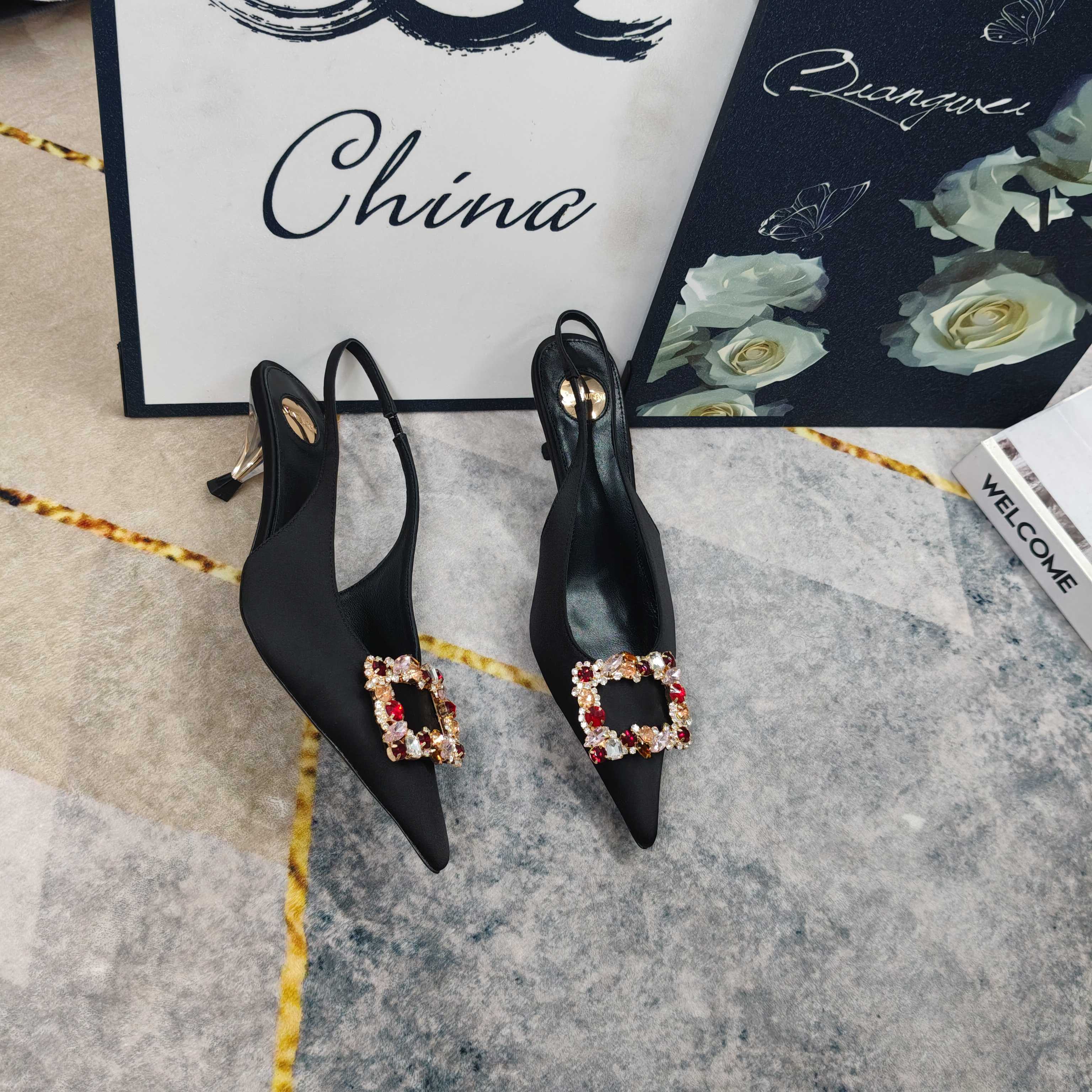 YSL Crystal Buckle Satin Slingbacks