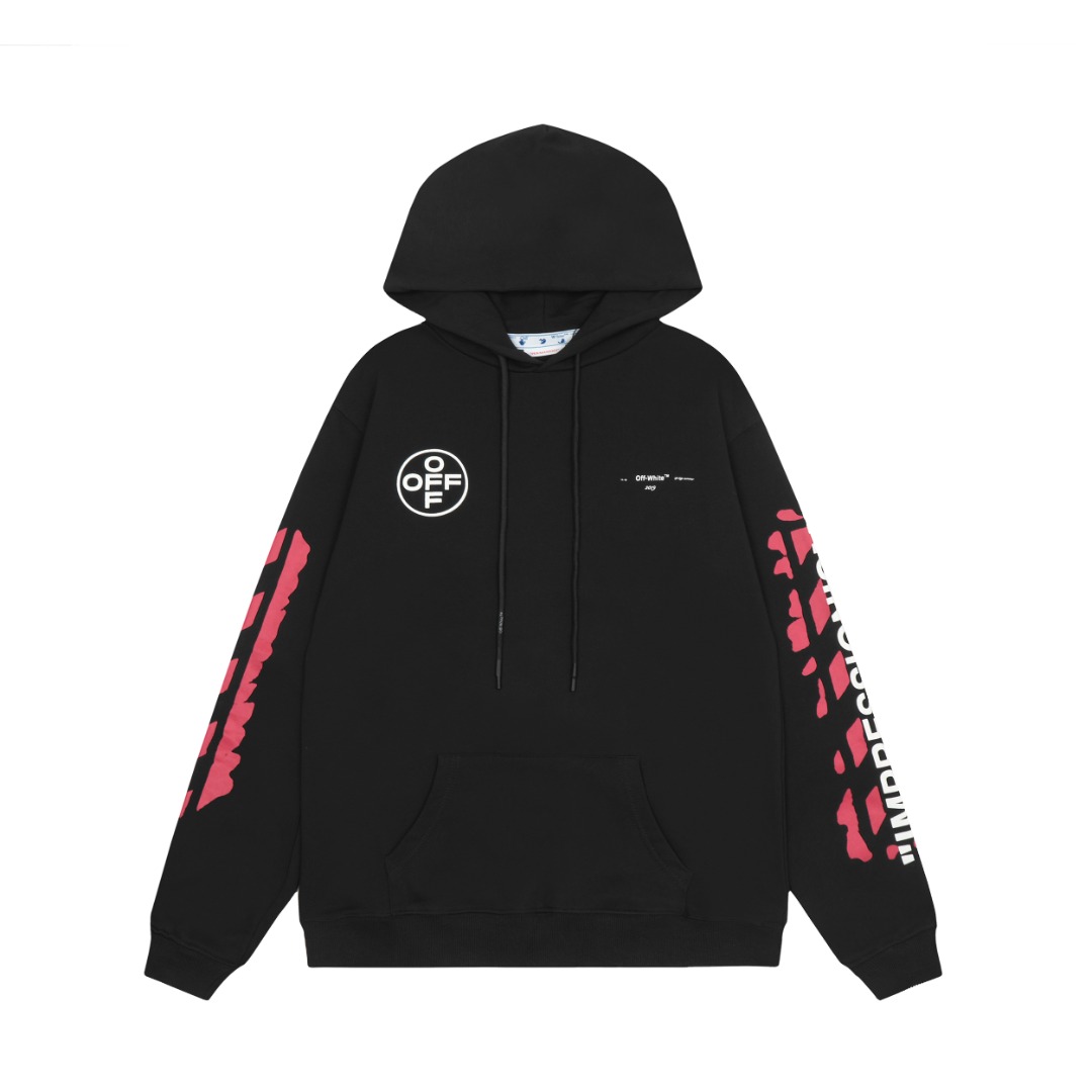 高版本OFF-WHITE C/O VIRGIL ABLOH 口红色刷漆箭头印花连帽卫衣
