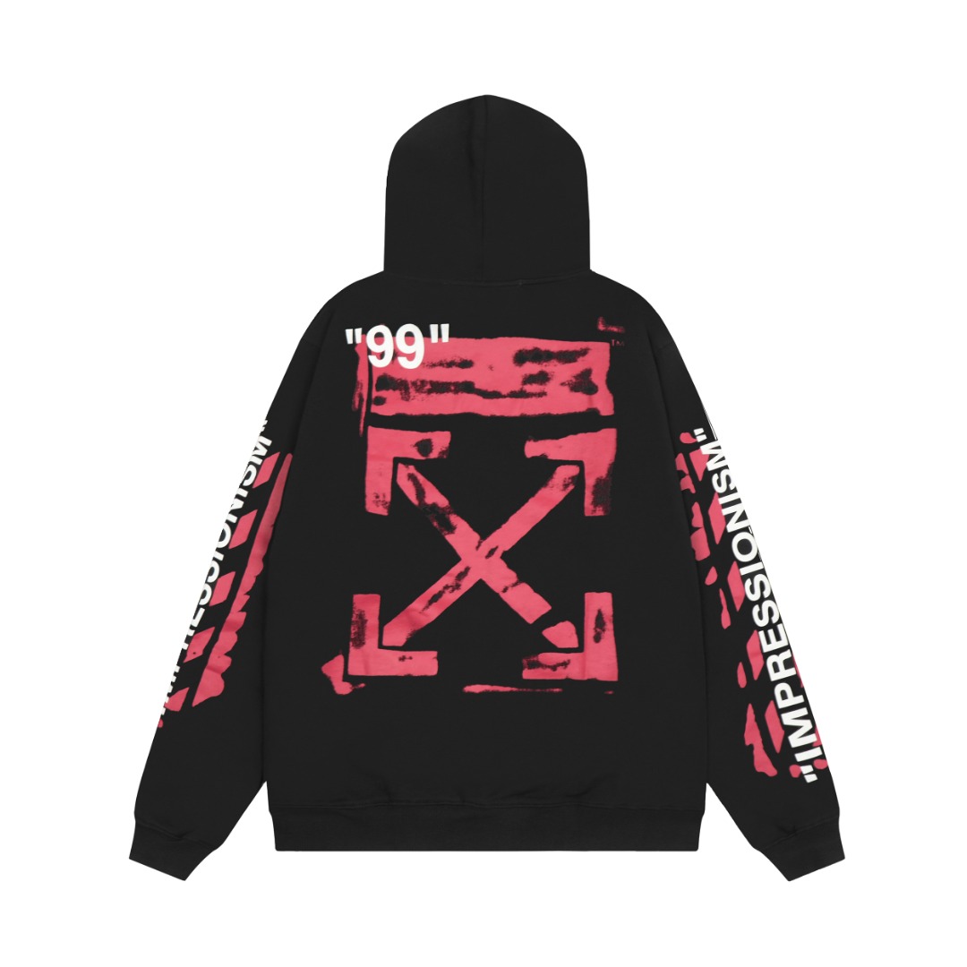 高版本OFF-WHITE C/O VIRGIL ABLOH 口红色刷漆箭头印花连帽卫衣