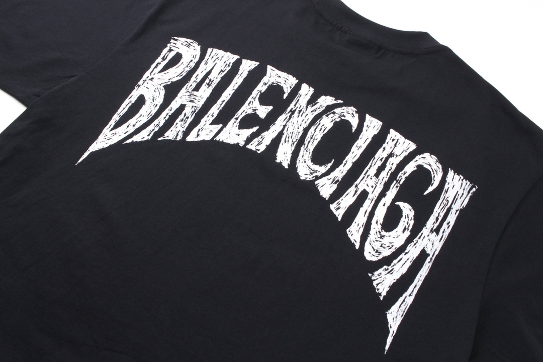 高版本BALENCIAGA/巴黎世家 落日铁塔印花短袖T恤 胸前做旧涂鸦