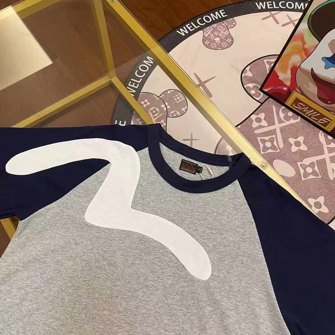 高版本Evisu福神 大海鸥蓝灰拼色短袖
