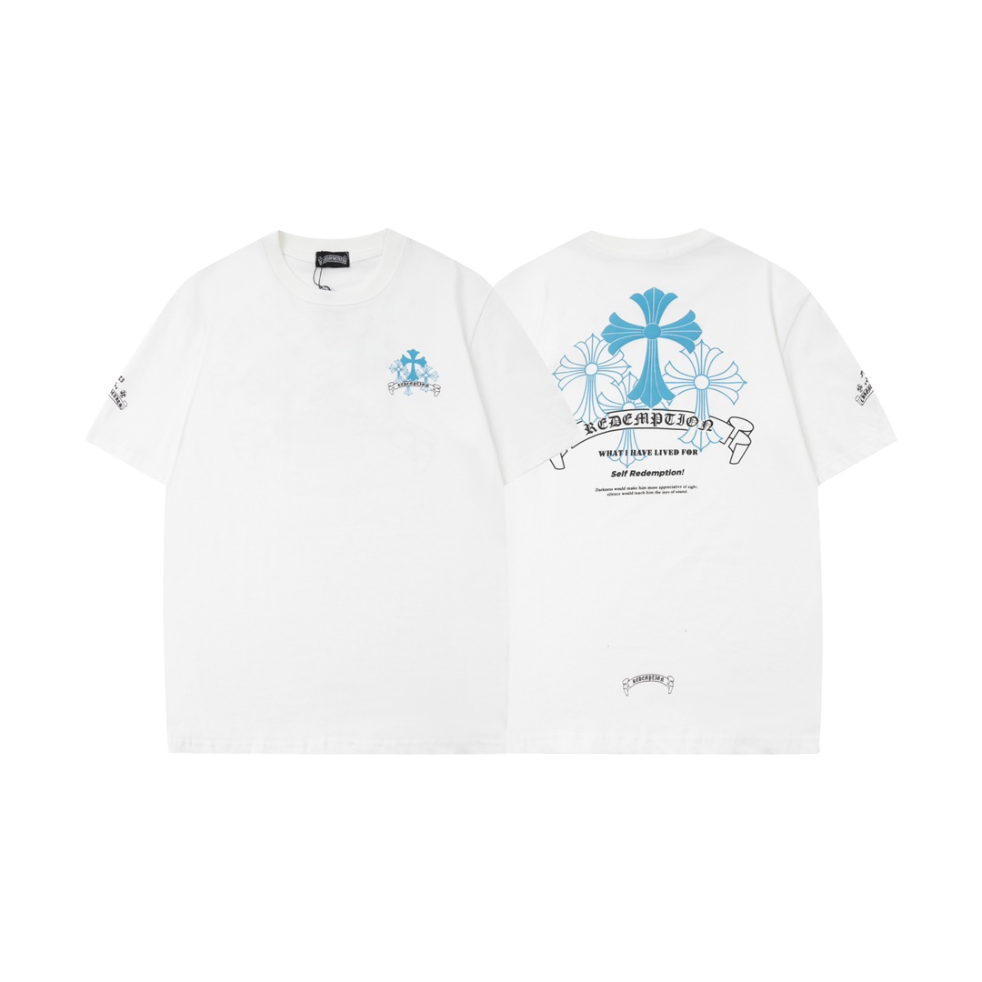 高版本Chrome Hearts克罗心 蓝色十字梵文印花短袖