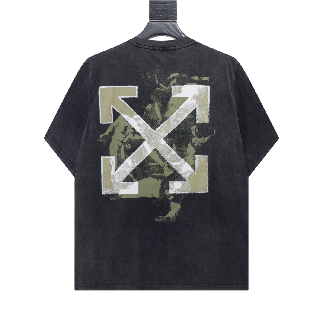 高版本OFF-WHITE 宗教圣母油画箭头印花水洗做旧短袖