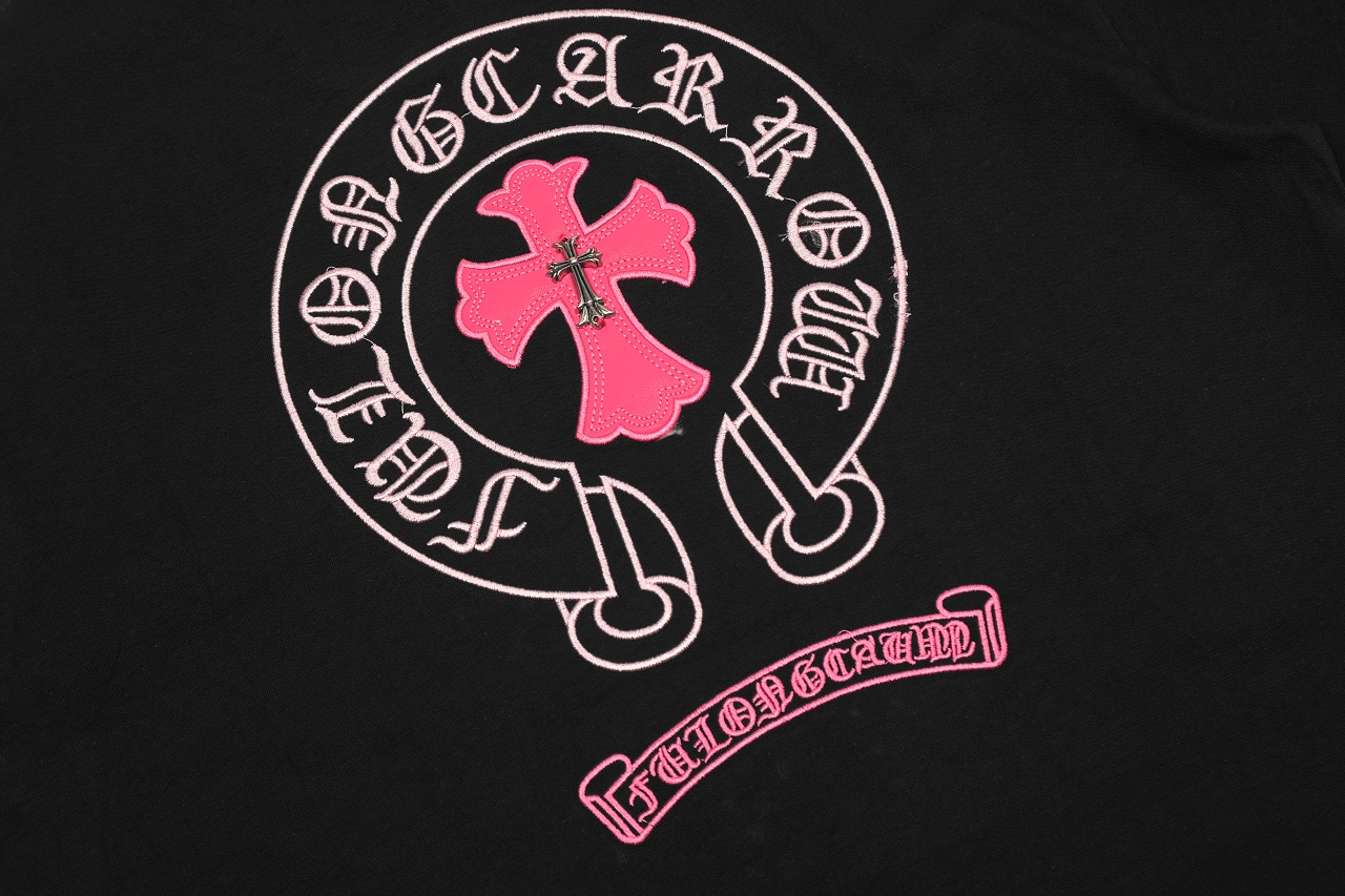 高版本Chrome Hearts克罗心 粉色贴皮刺绣马蹄小铁标短袖