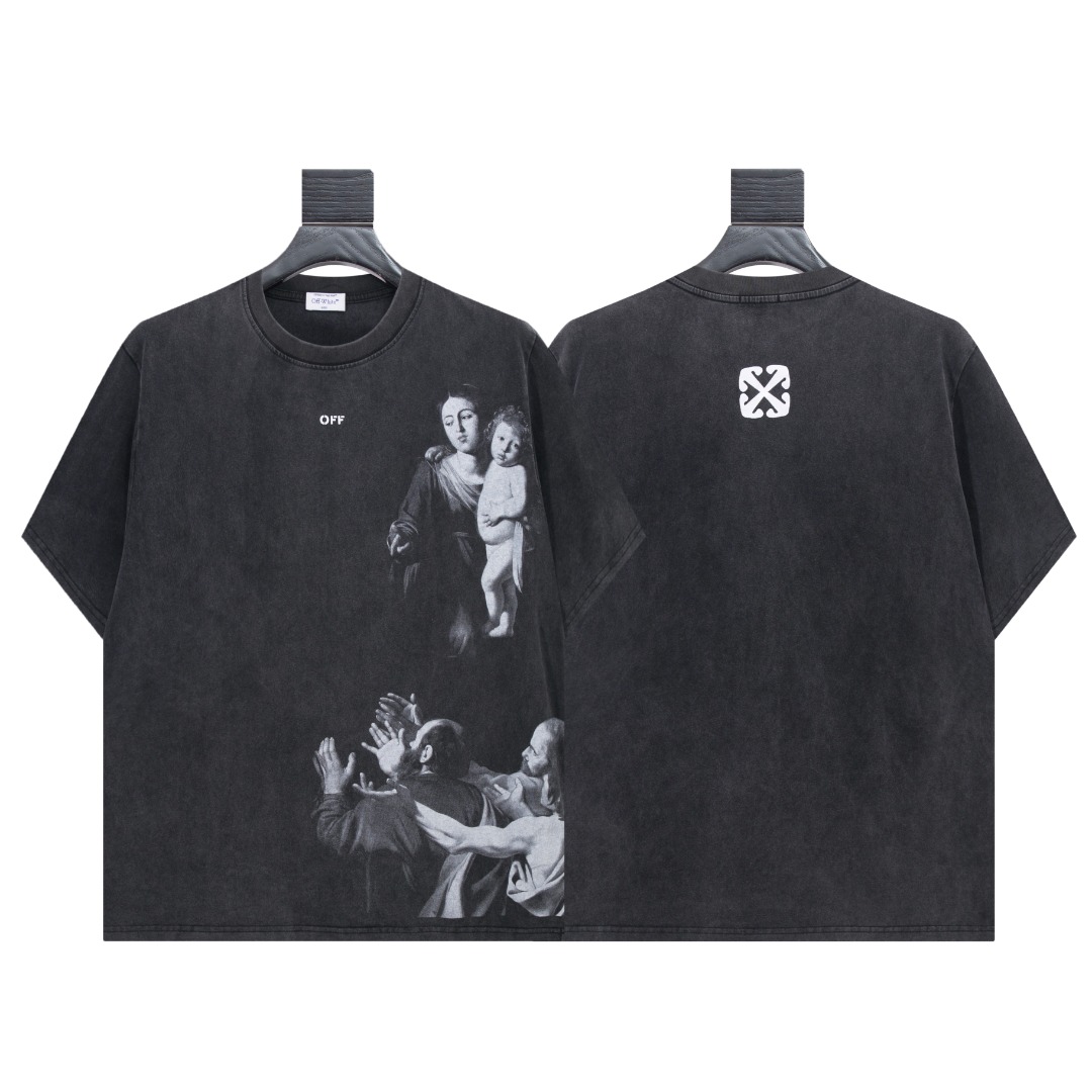 高版本OFF-WHITE 宗教圣母油画印花水洗做旧短袖