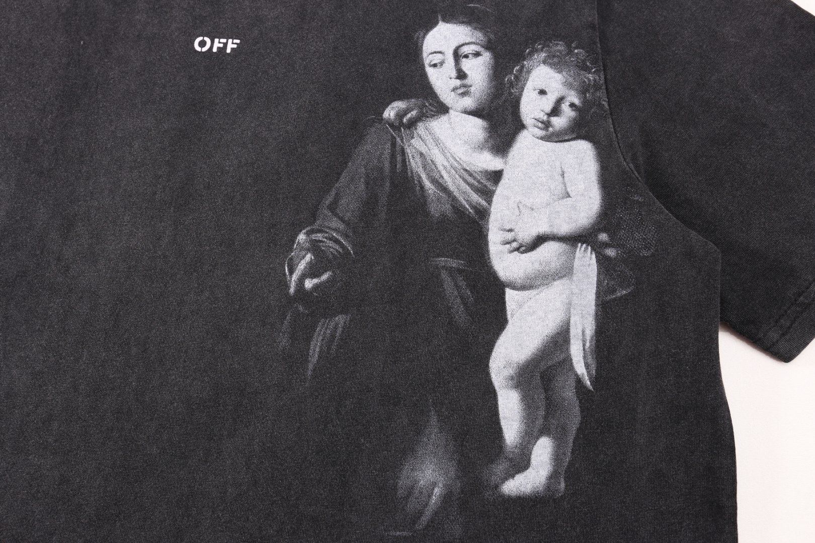 高版本OFF-WHITE 宗教圣母油画印花水洗做旧短袖