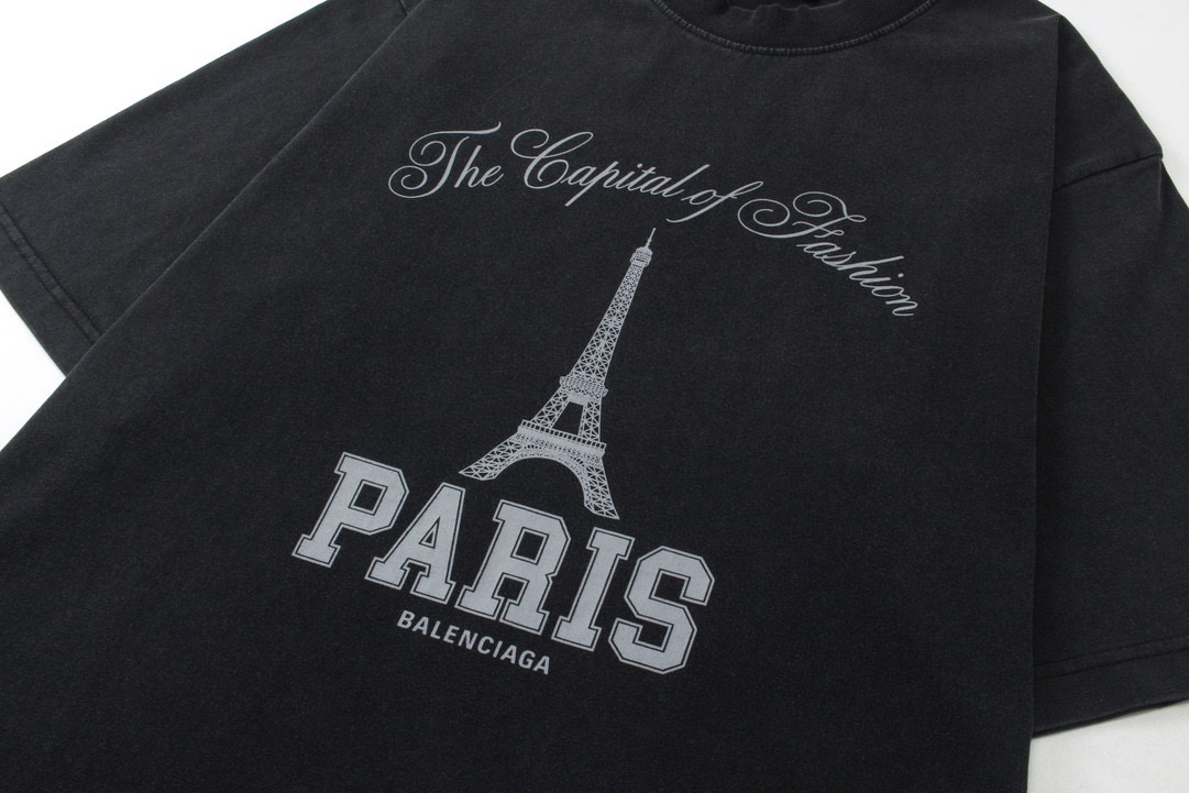 高版本BALENCIAGA/巴黎世家 巴黎铁塔印花水洗做旧短袖T恤-Chinese UA Cheap High Quatity Brand Clothes Bags handbags Sneakers wholesale wholesaler seller from China Factory suppliers Fashion Clothing Shoes best Quality Beautiful Price 高版本BALENCIAGA/巴黎世家 巴黎铁塔印花水洗做旧短袖T恤