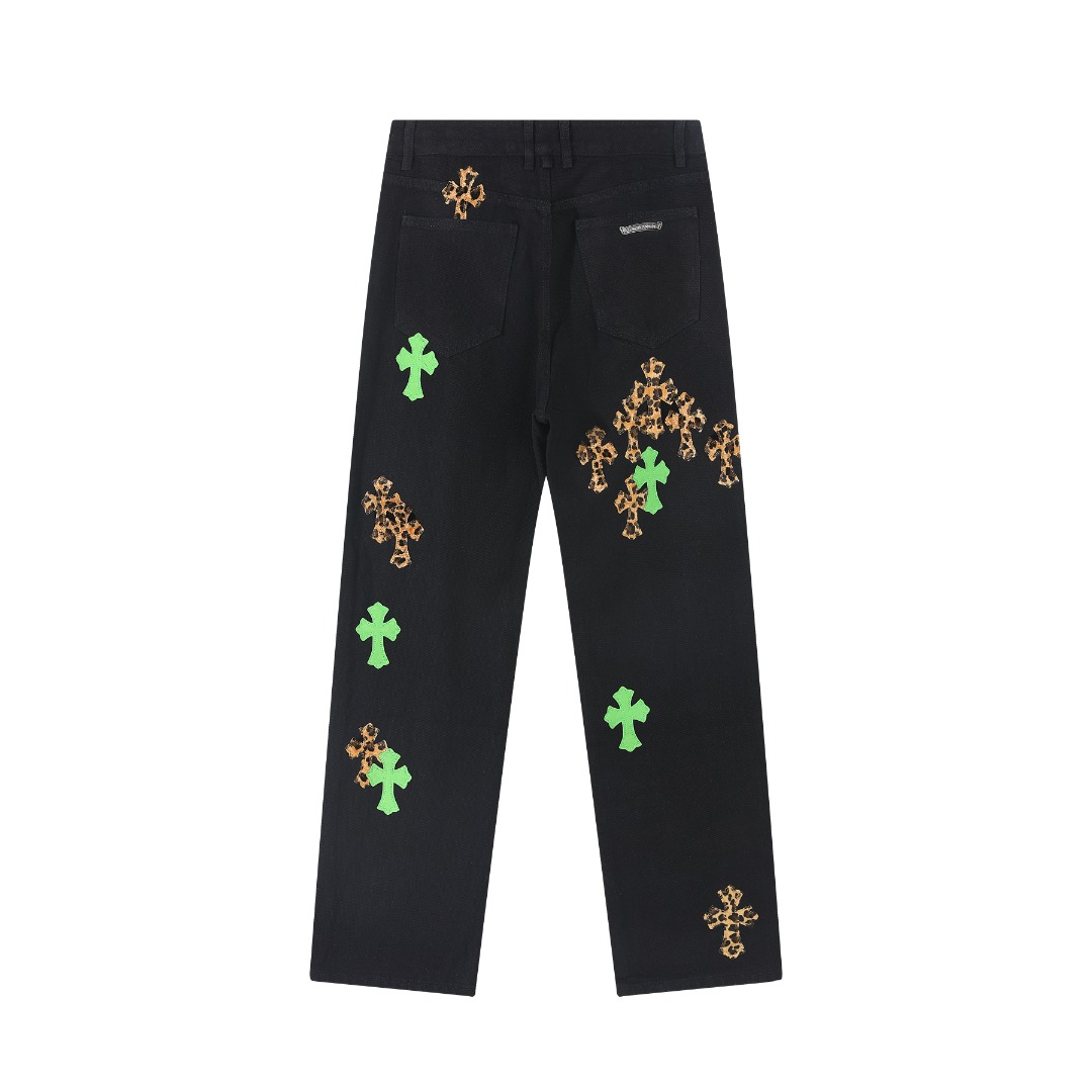 高版本Chrome Hearts克罗心 Sex Records系列 拼皮豹纹十字牛仔裤