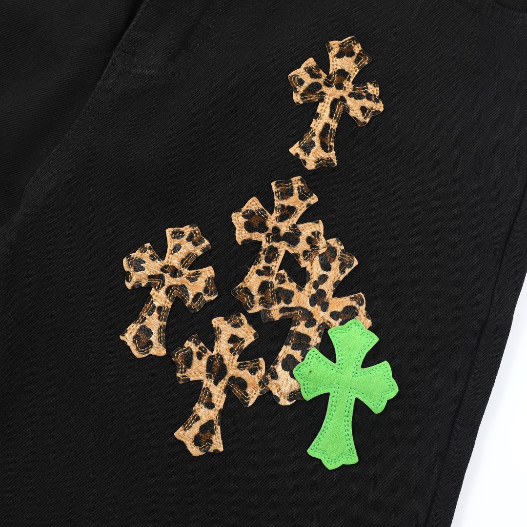 高版本Chrome Hearts克罗心 Sex Records系列 拼皮豹纹十字牛仔裤